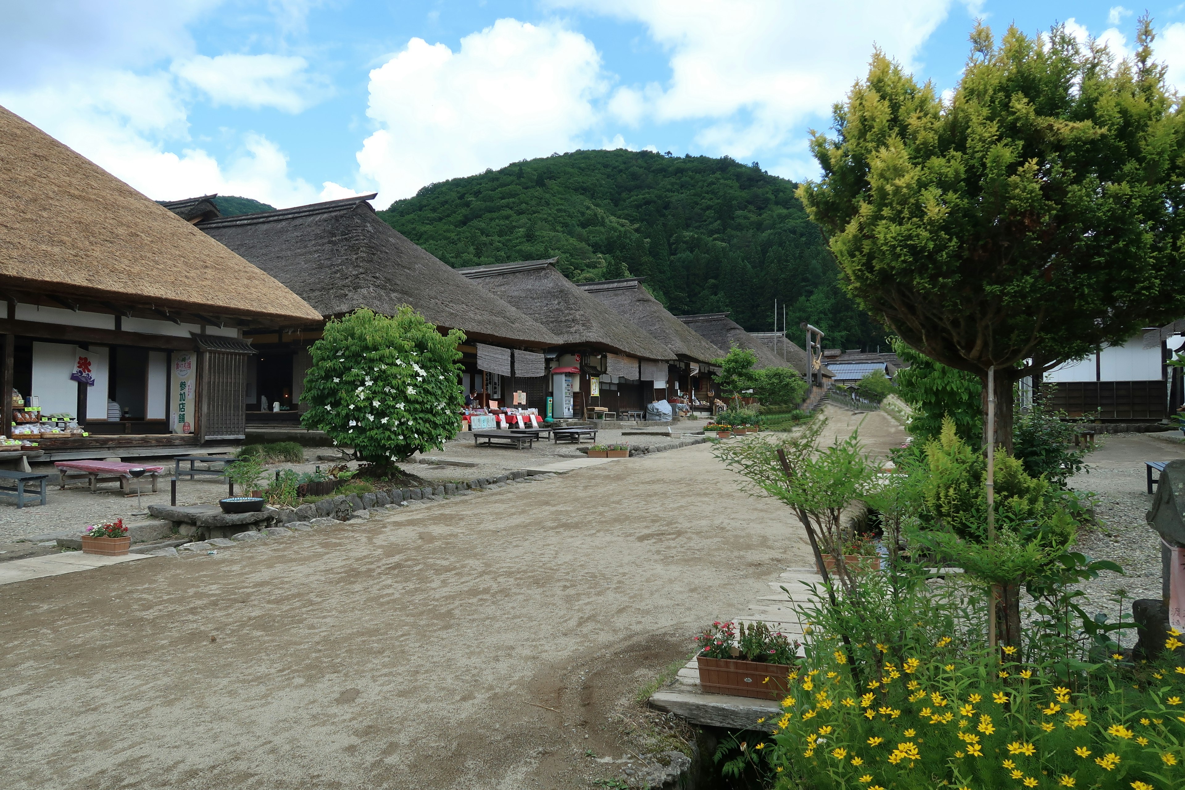 Scène de village japonais traditionnel avec des maisons au toit de chaume et des collines verdoyantes