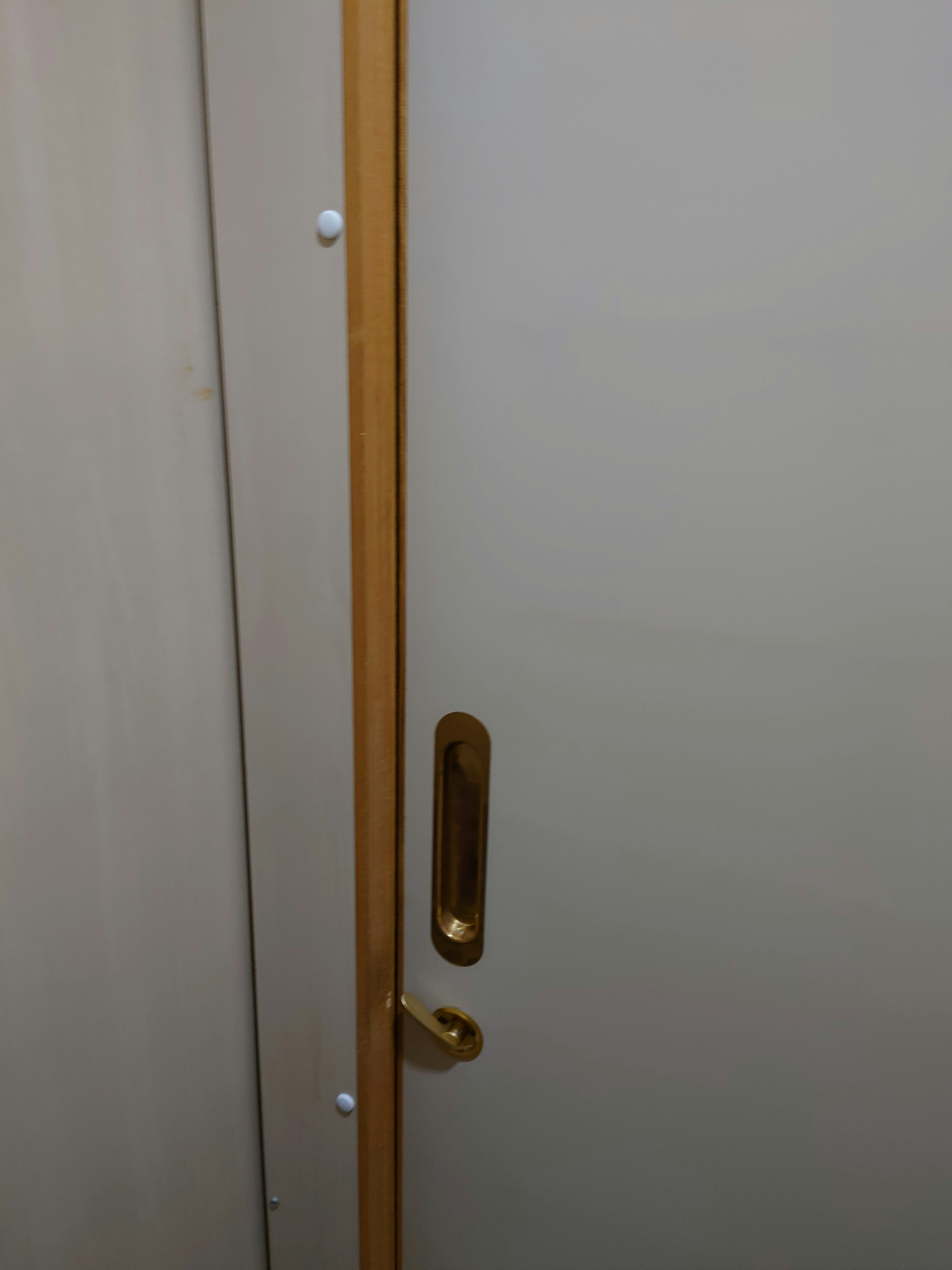 Close-up of a door featuring a gold handle and wooden frame