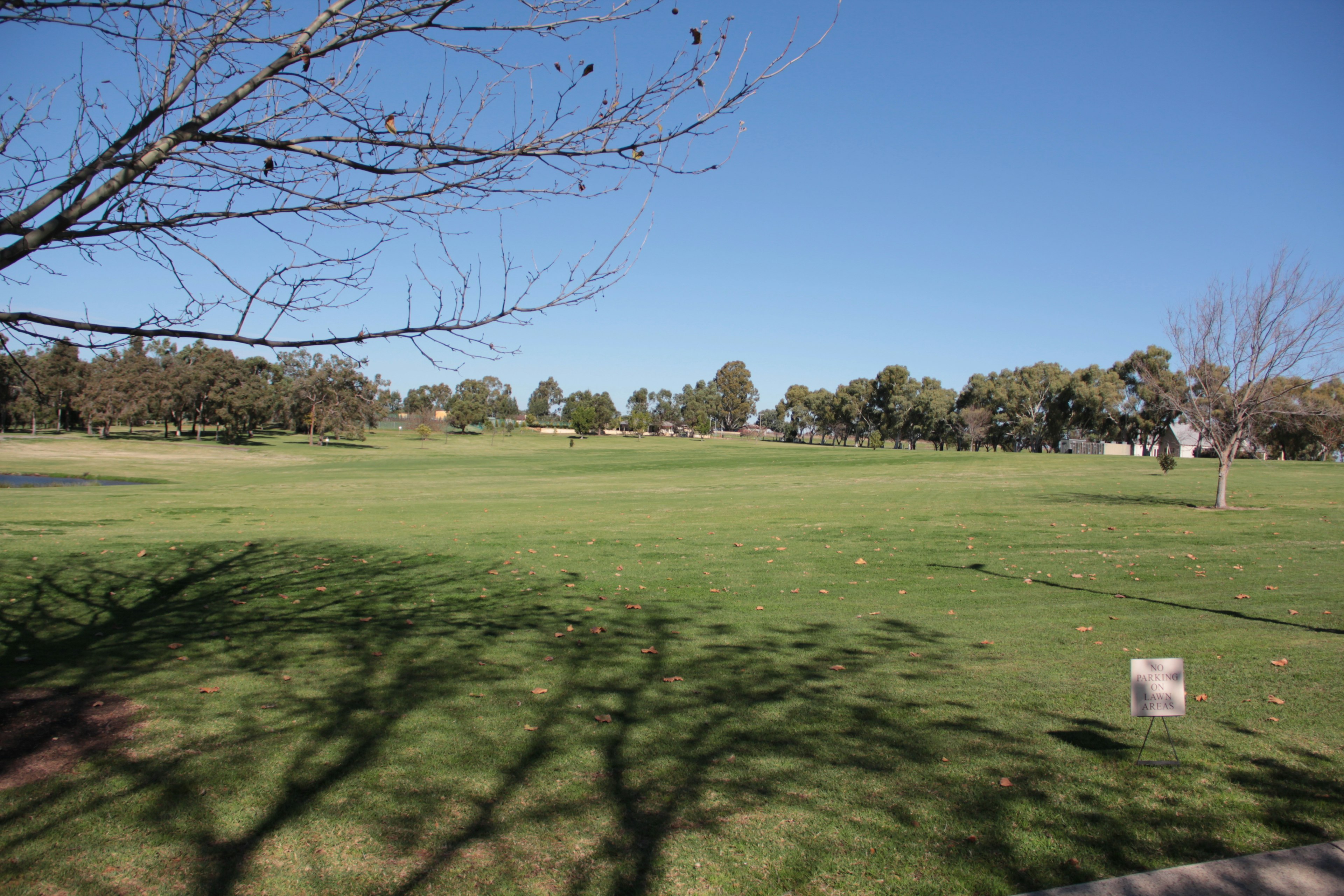 A scenic view of a golf course under a blue sky with tree shadows on the grass