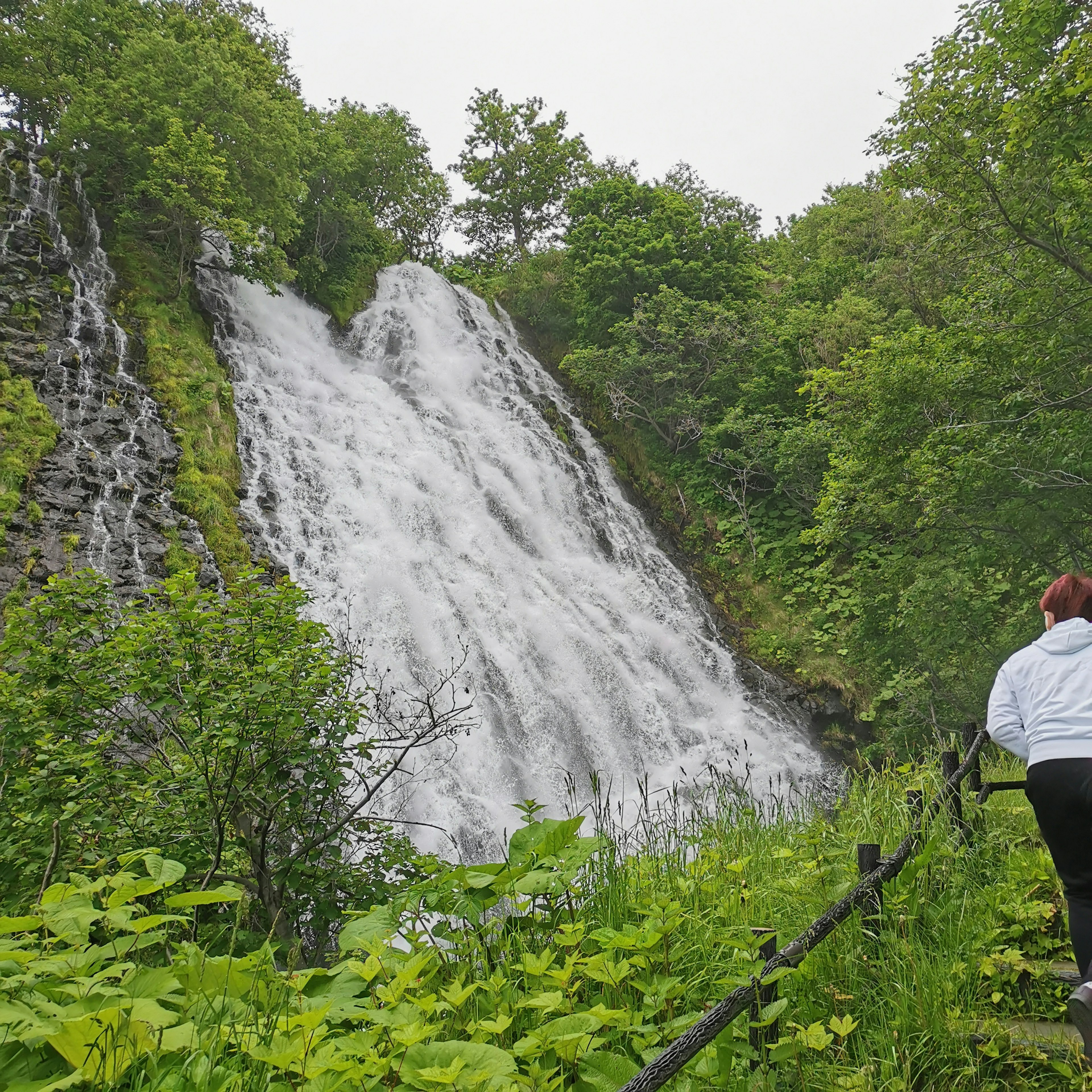 Eine Person, die in der Nähe eines Wasserfalls geht, umgeben von üppigem Grün