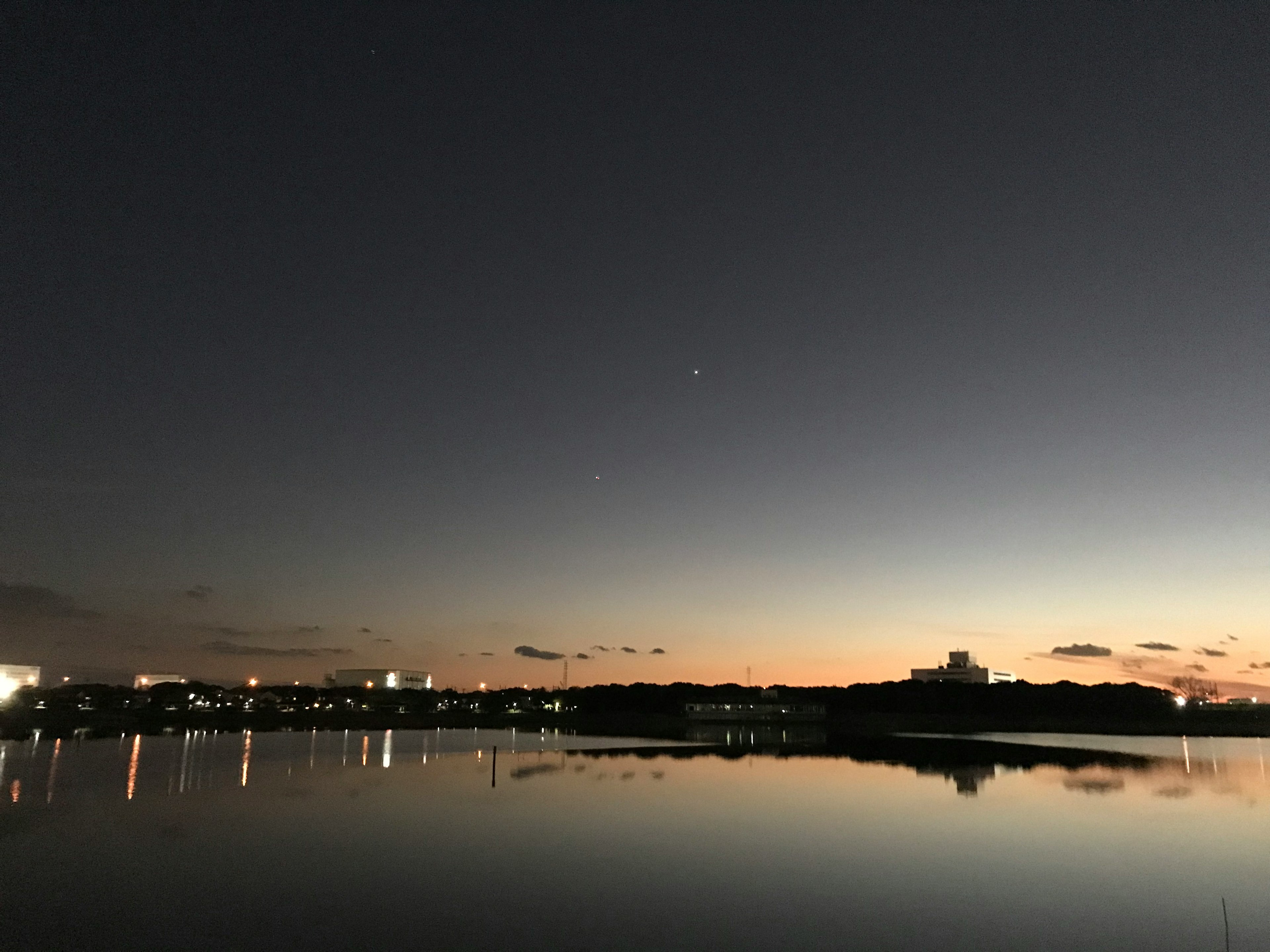 Crépuscule sur un lac reflétant les lumières de la ville et les étoiles