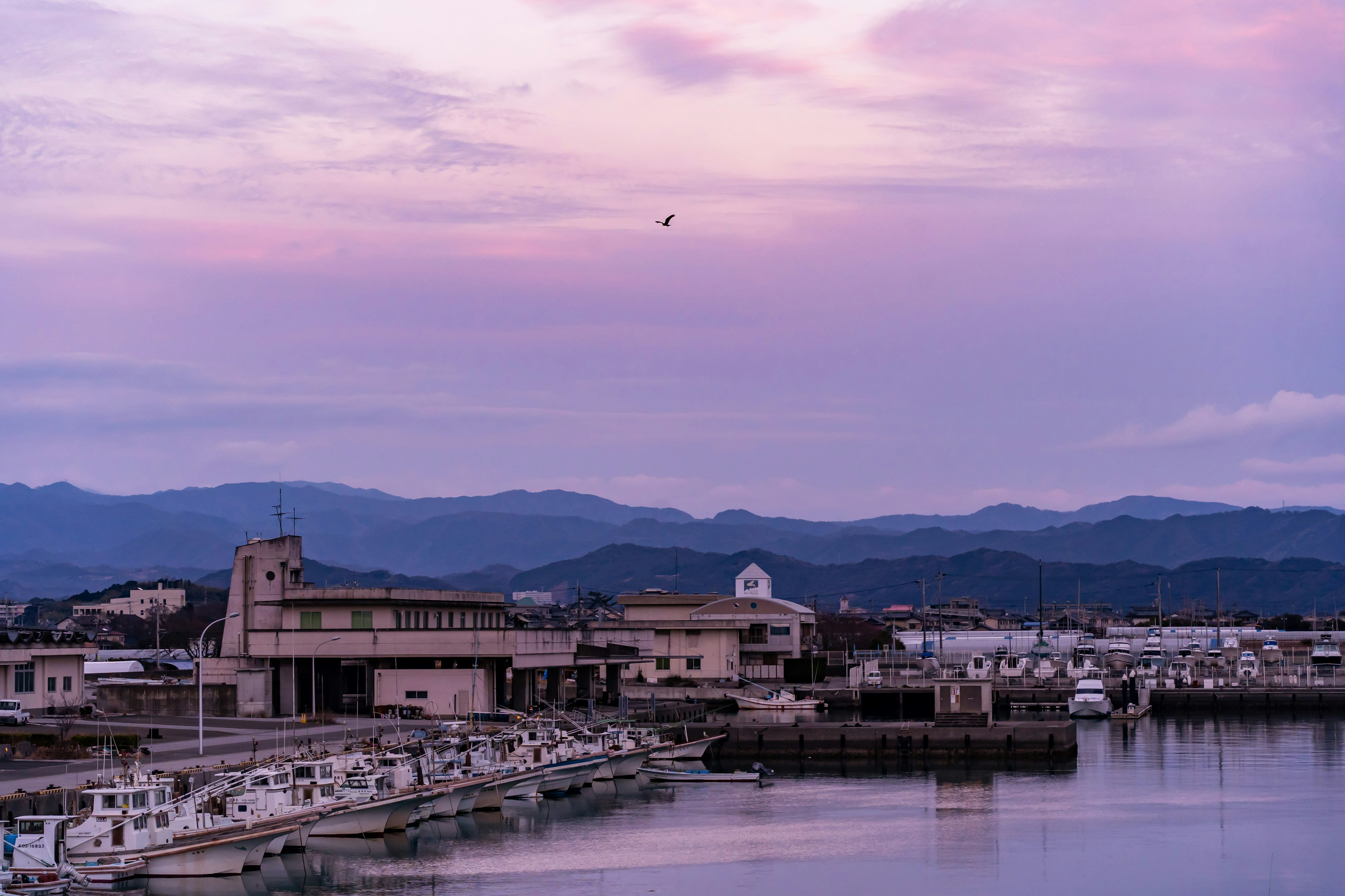 静かな港町の夕暮れ空に紫色の雲が広がる