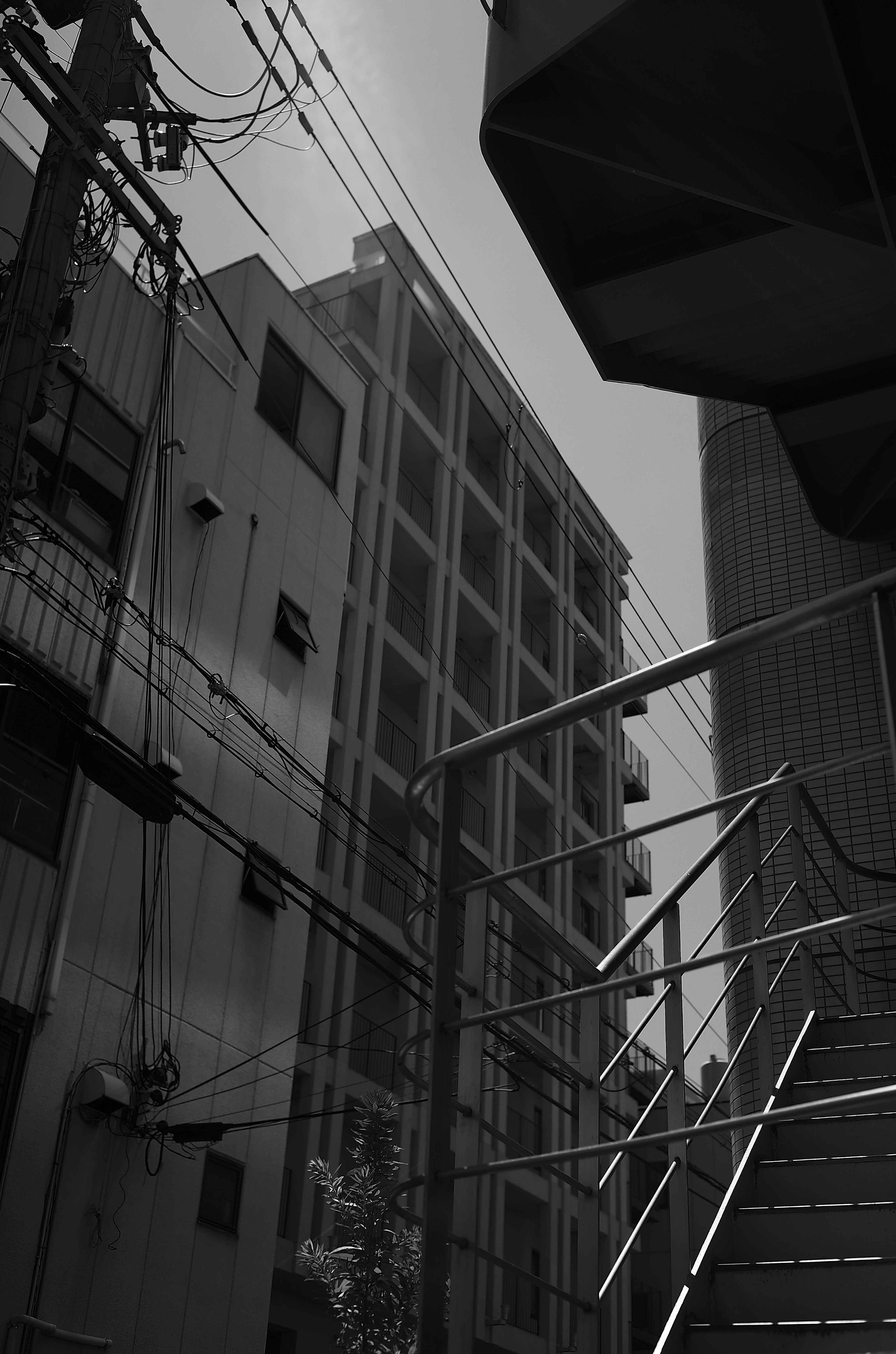 Black and white urban scene featuring stairs and intersecting buildings