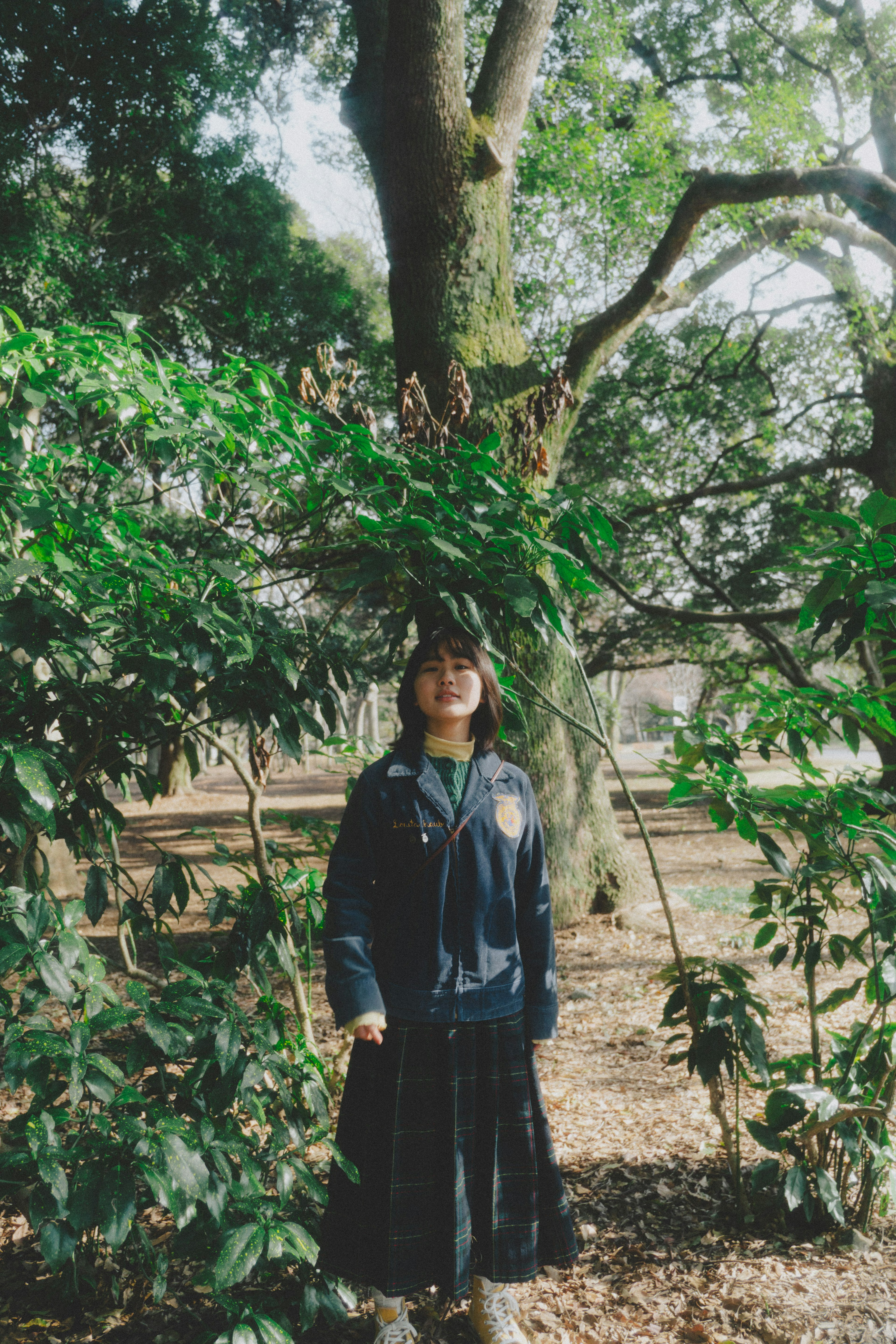 Une fille se tenant dans la nature entourée d'arbres et de feuilles vertes