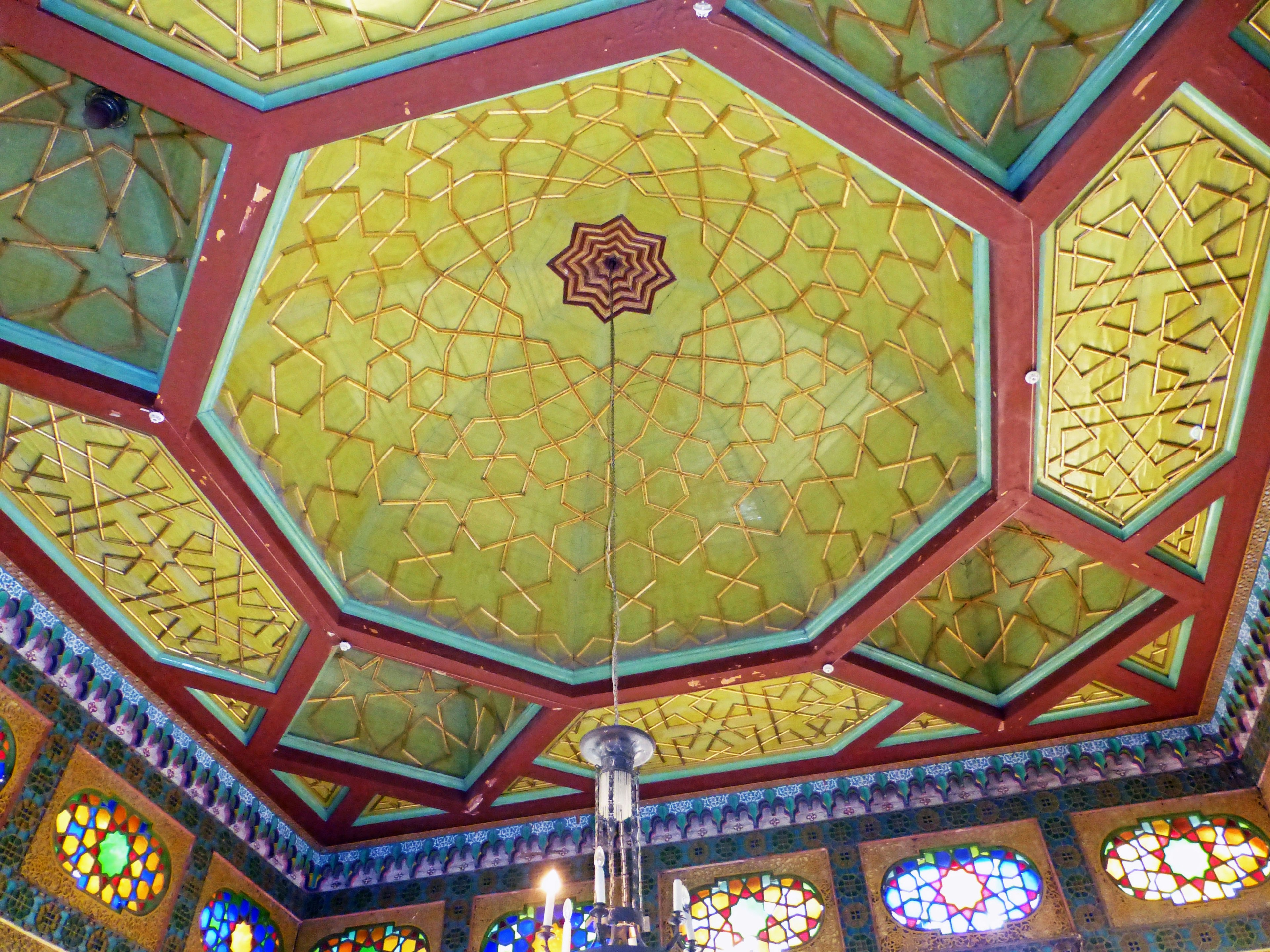 Decorative octagonal ceiling with colorful stained glass