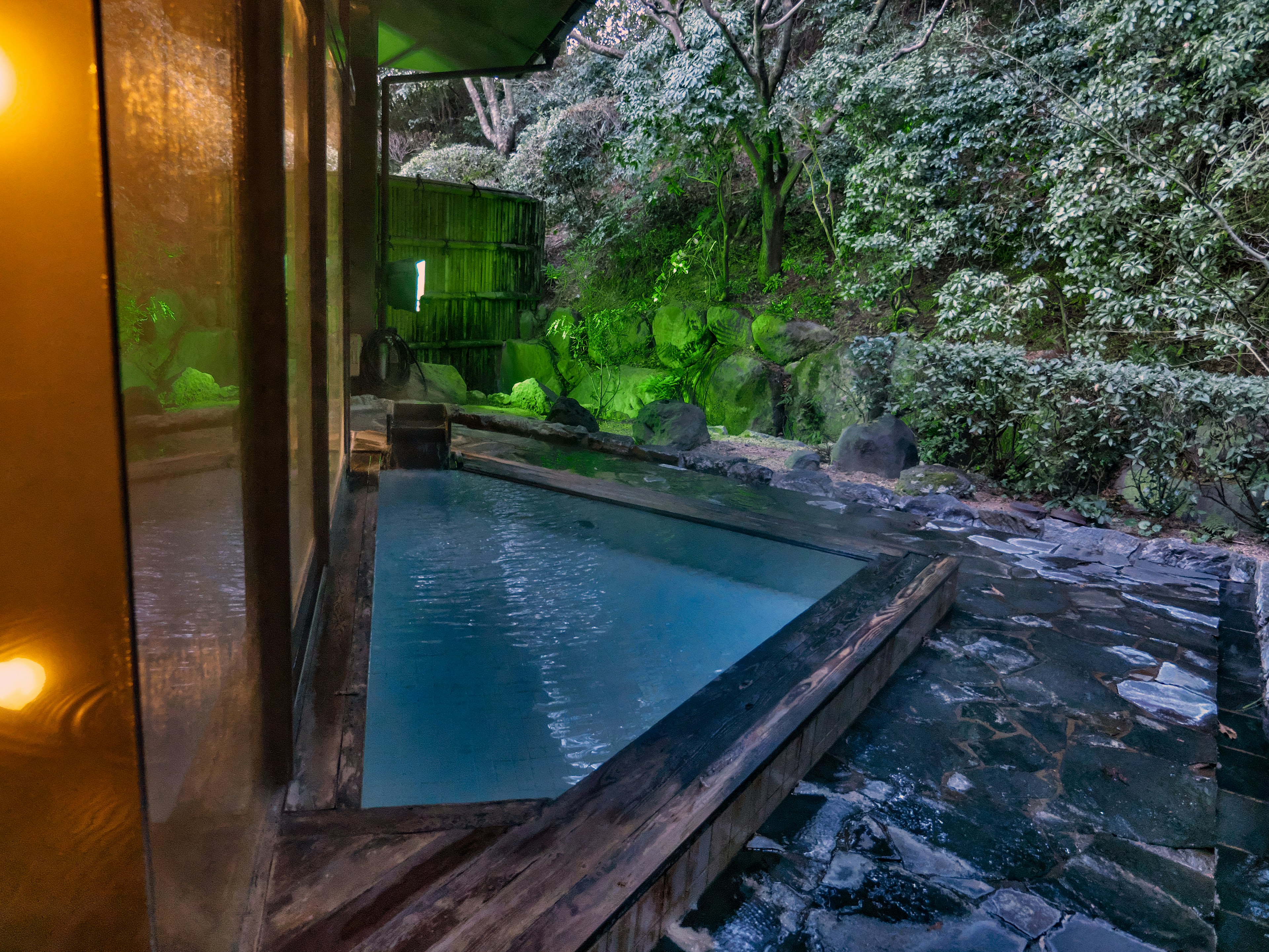 Serene view of an outdoor hot spring surrounded by lush greenery