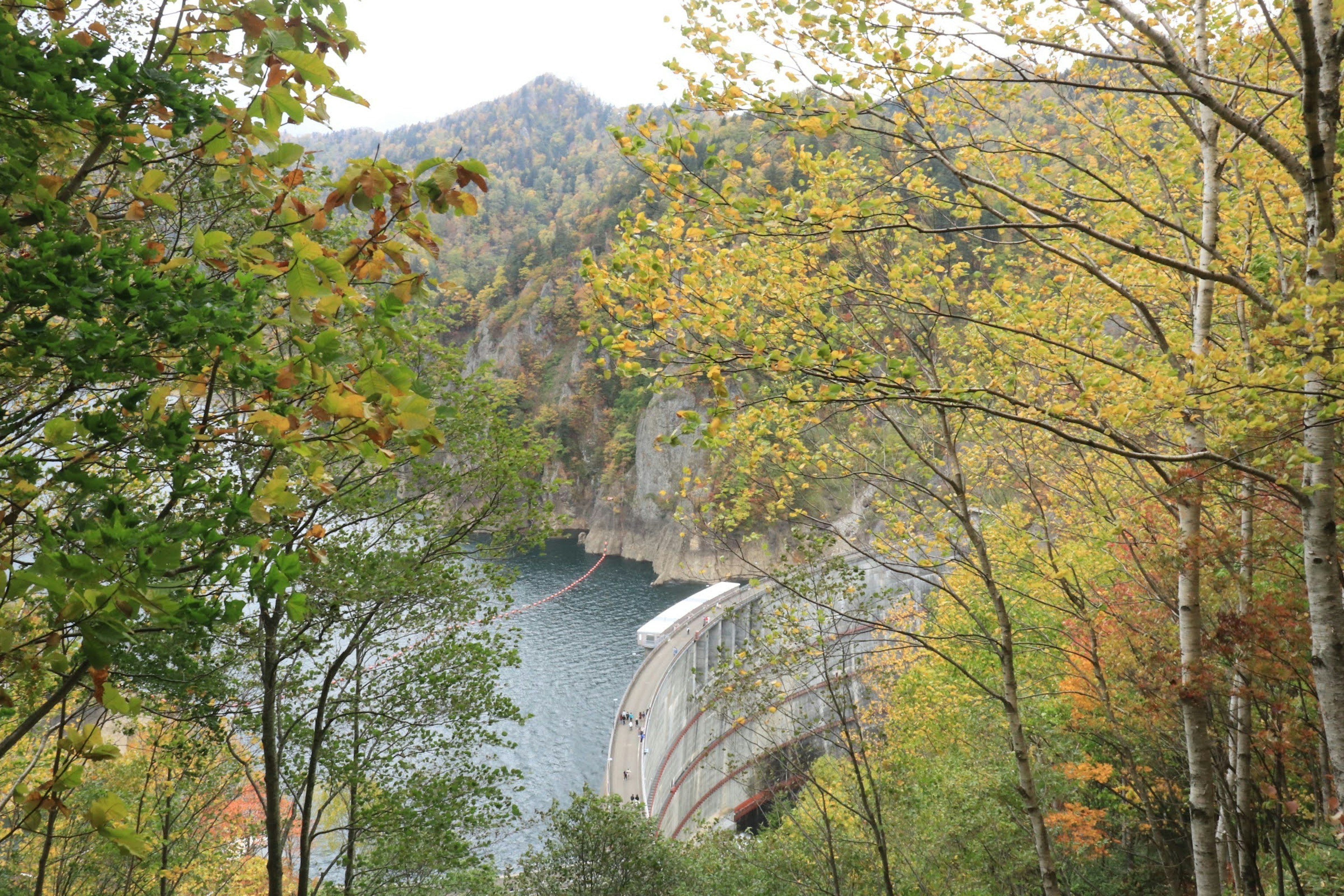 Vue pittoresque d'un barrage et d'un lac entourés de feuillage d'automne