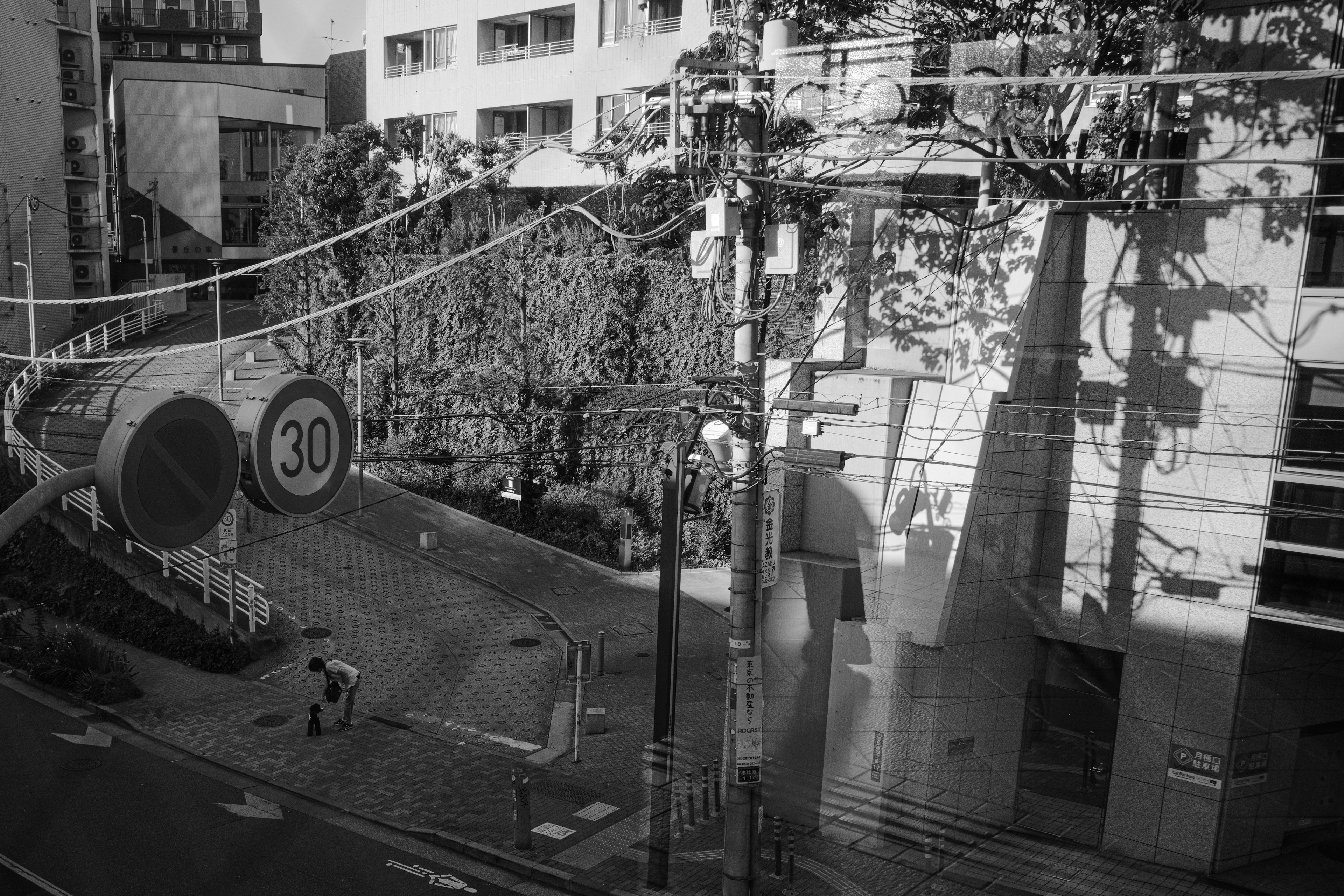 Paesaggio urbano in bianco e nero con un cartello di limite di velocità di 30 km/h e ombre