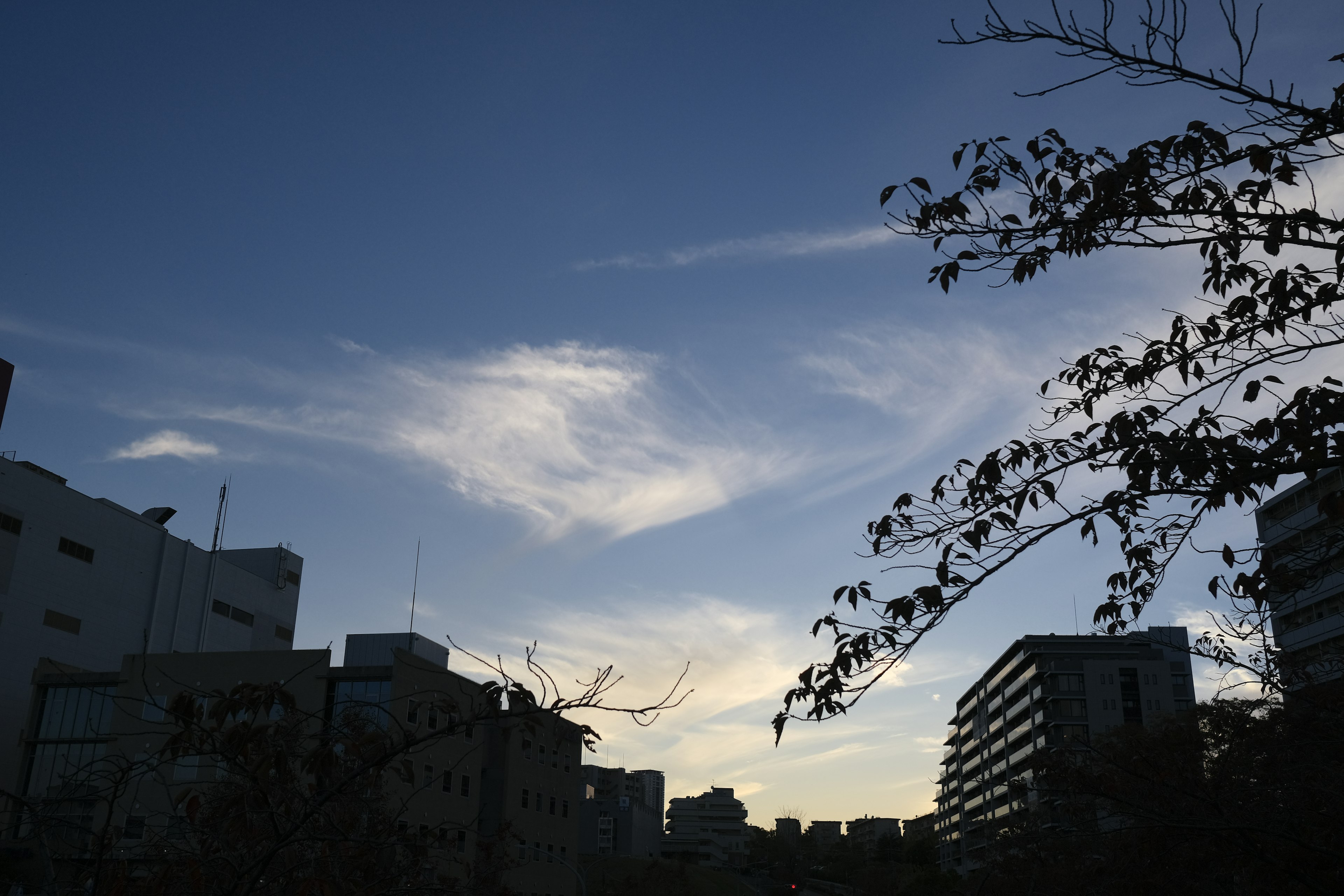 Städtische Landschaft bei Dämmerung mit blauem Himmel und Wolken