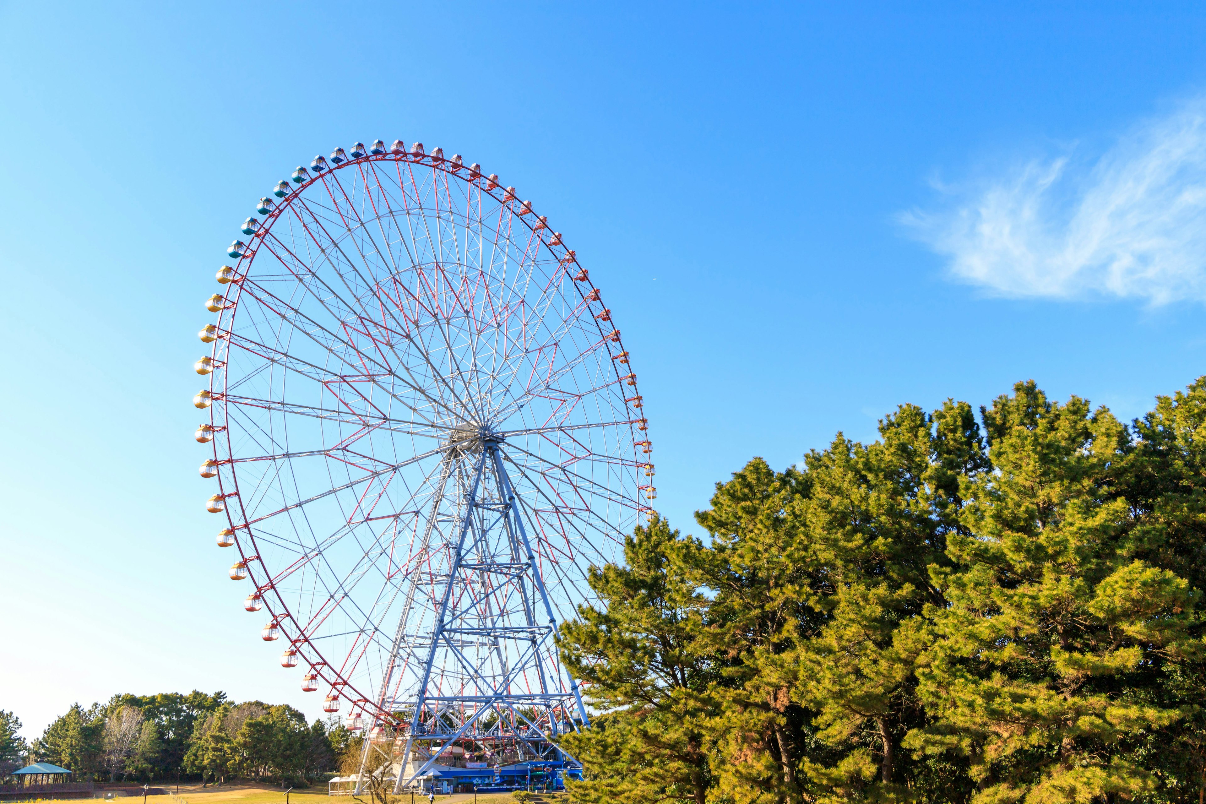 Ferris wheel under blue sky with green trees