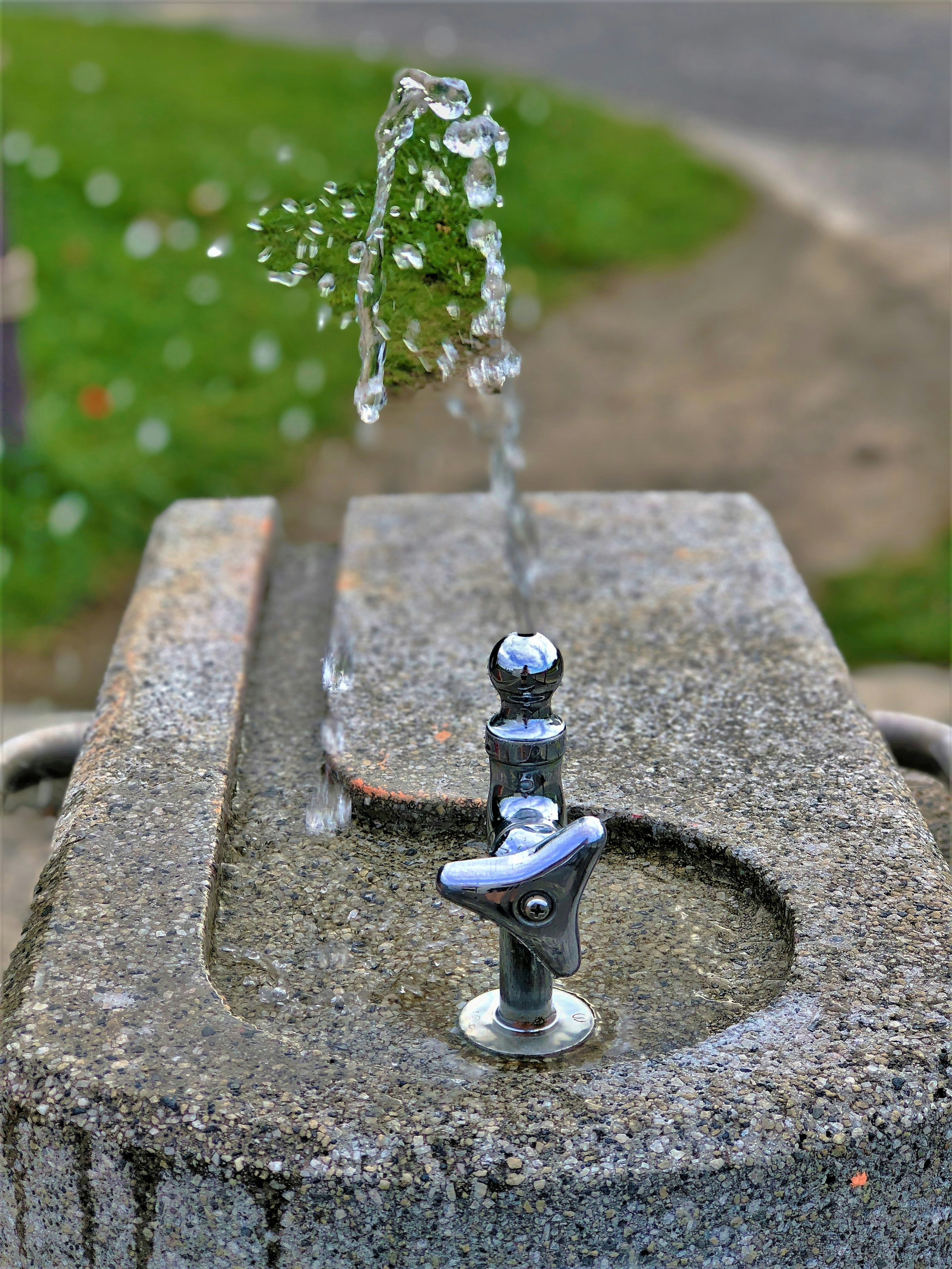 Nahaufnahme eines Trinkbrunnens mit fließendem Wasser in einem Park