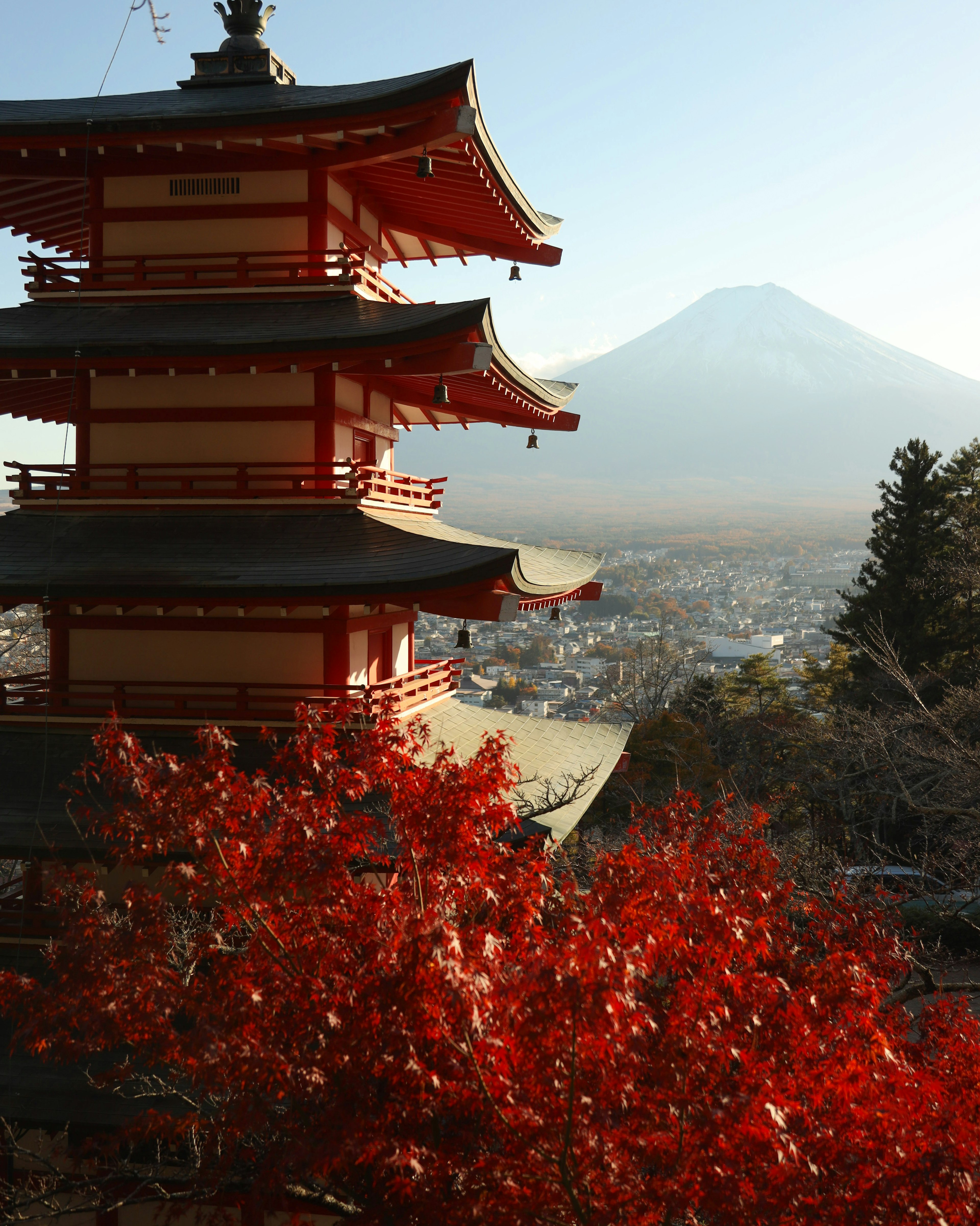 Pagoda de cinco pisos con follaje rojo vibrante y el monte Fuji al fondo