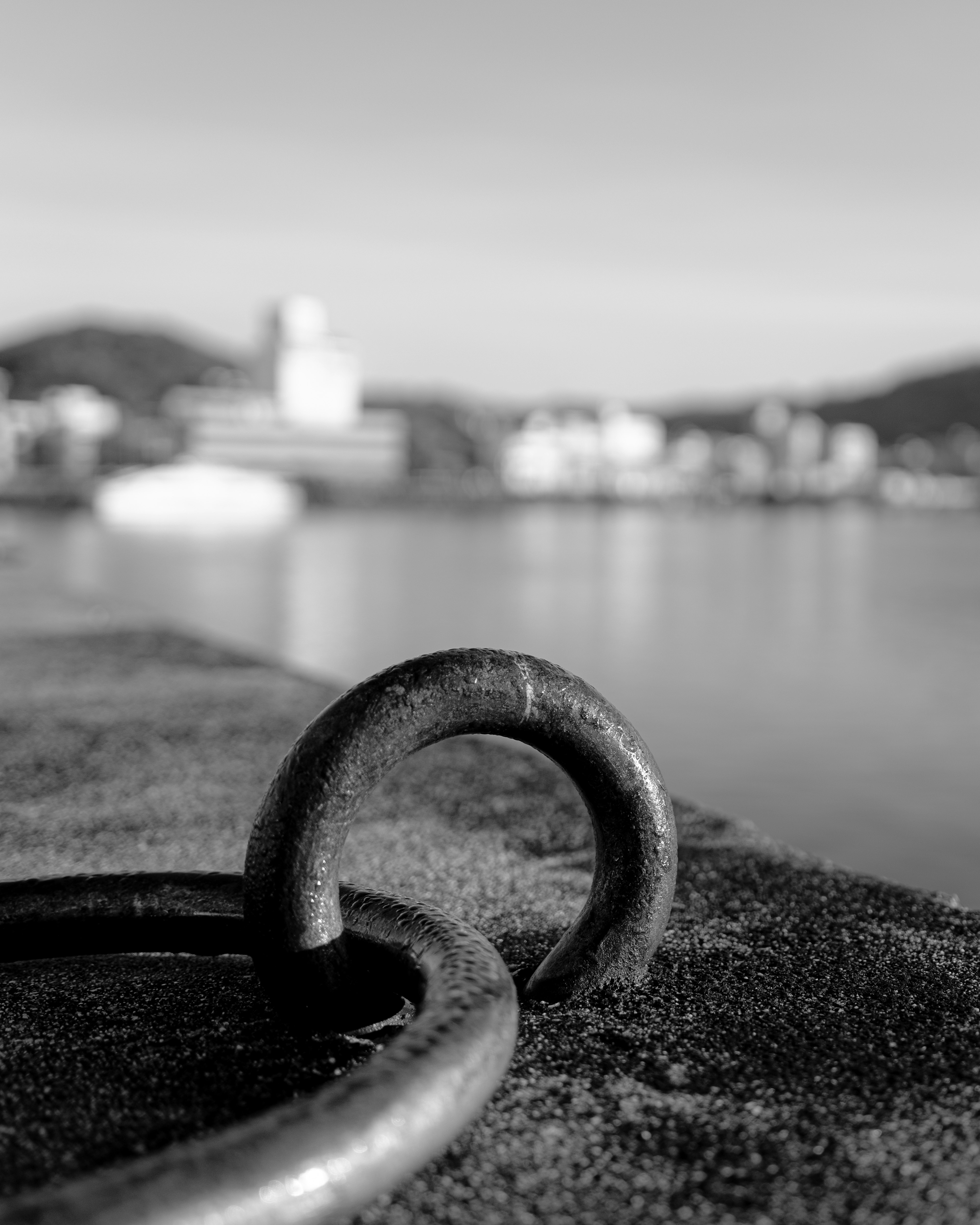 Image en noir et blanc d'un crochet en métal au bord de l'eau avec des bâtiments flous en arrière-plan