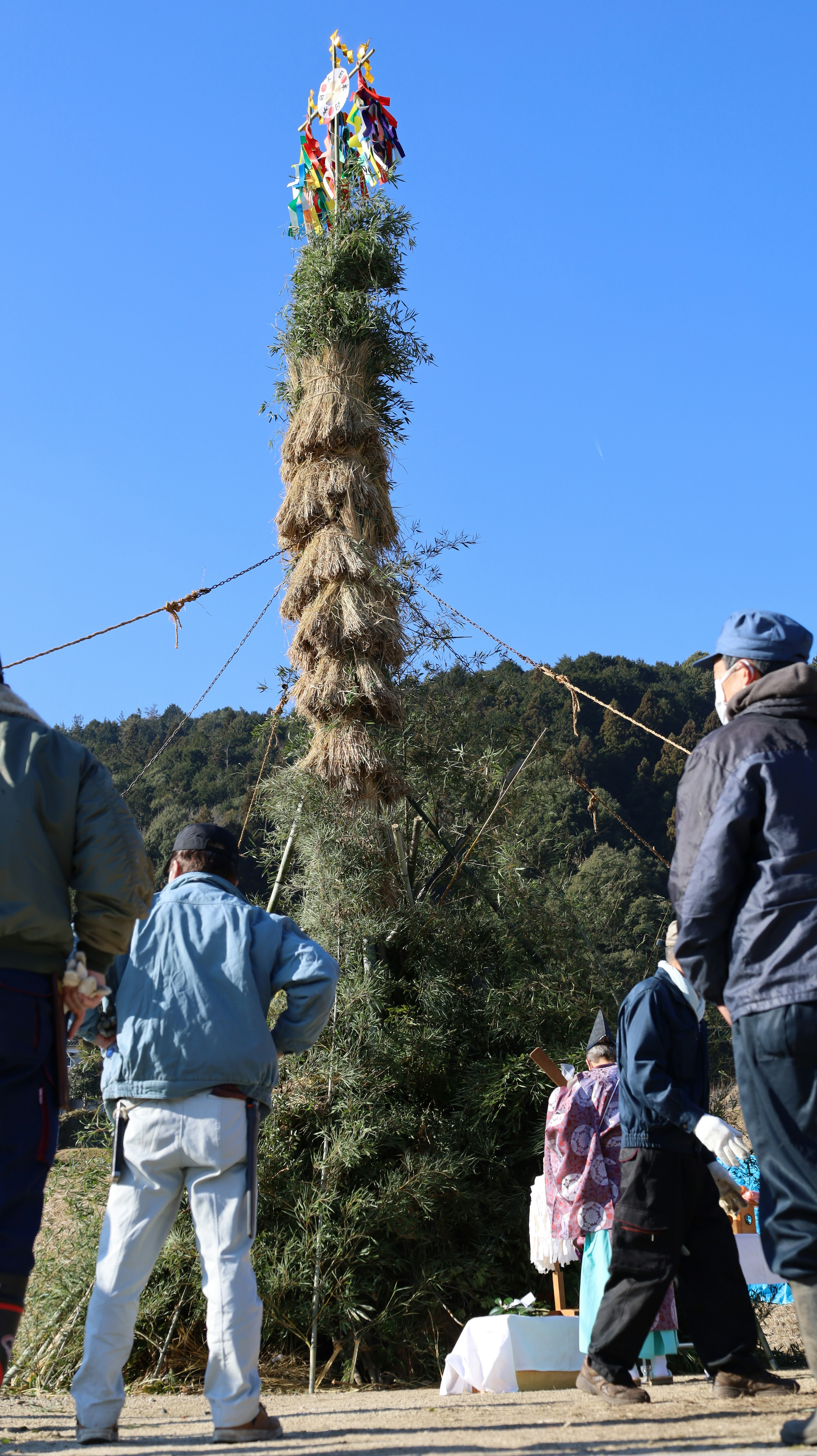 People looking up at a tall wooden pole during a traditional festival