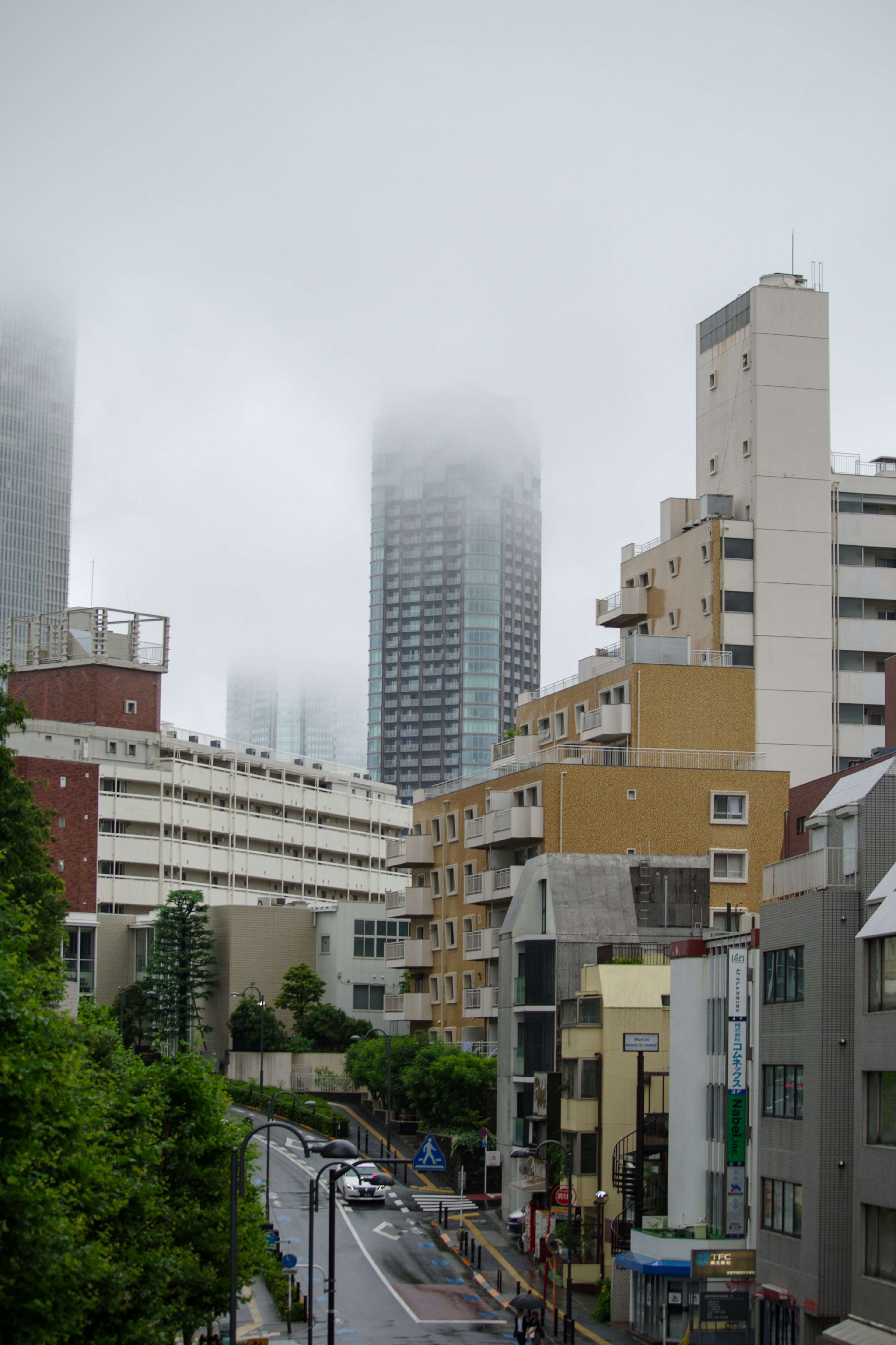 霧に包まれた都市の風景 高層ビルと住宅が混在する街並み