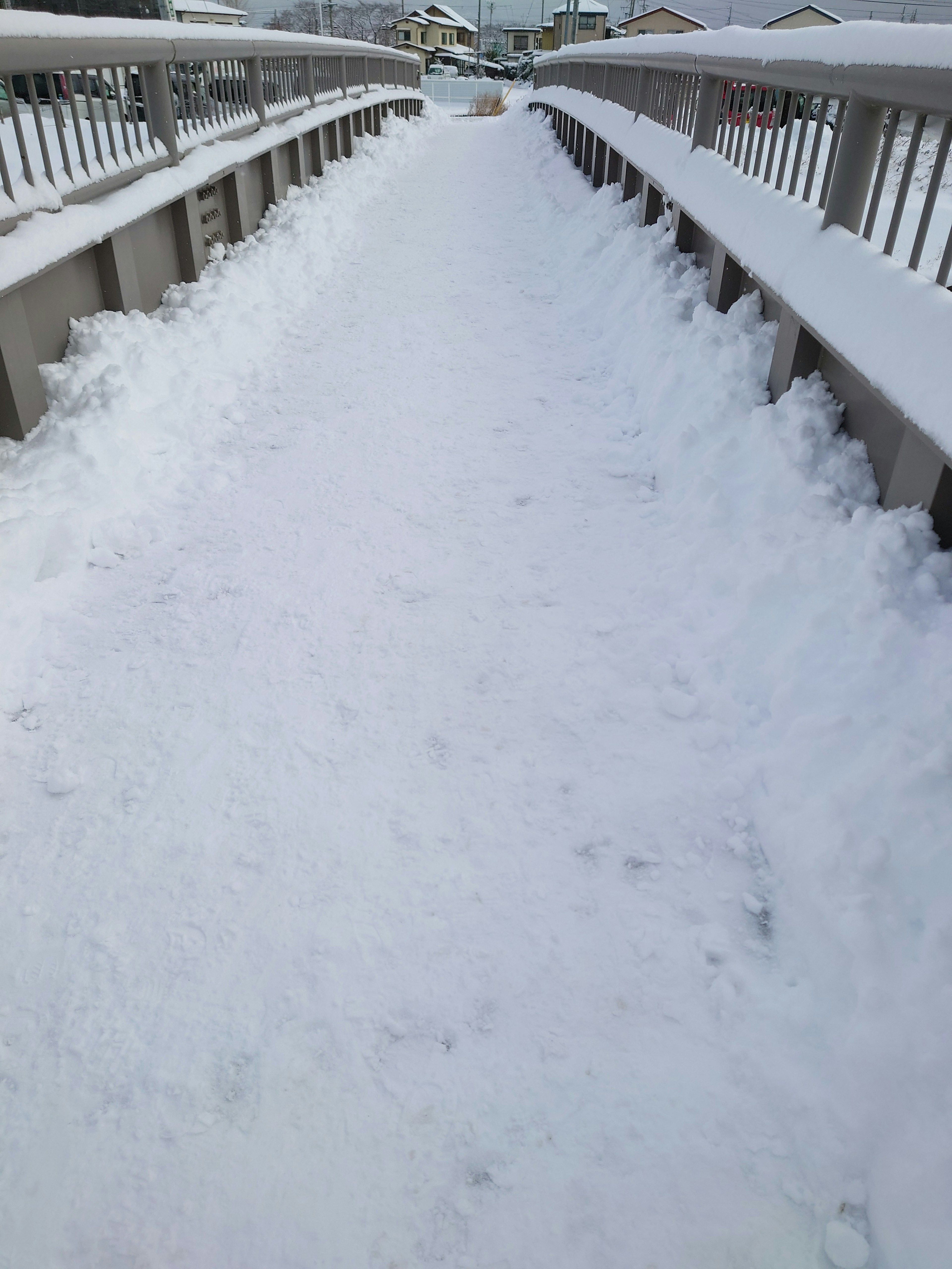 Snow-covered walkway on a bridge