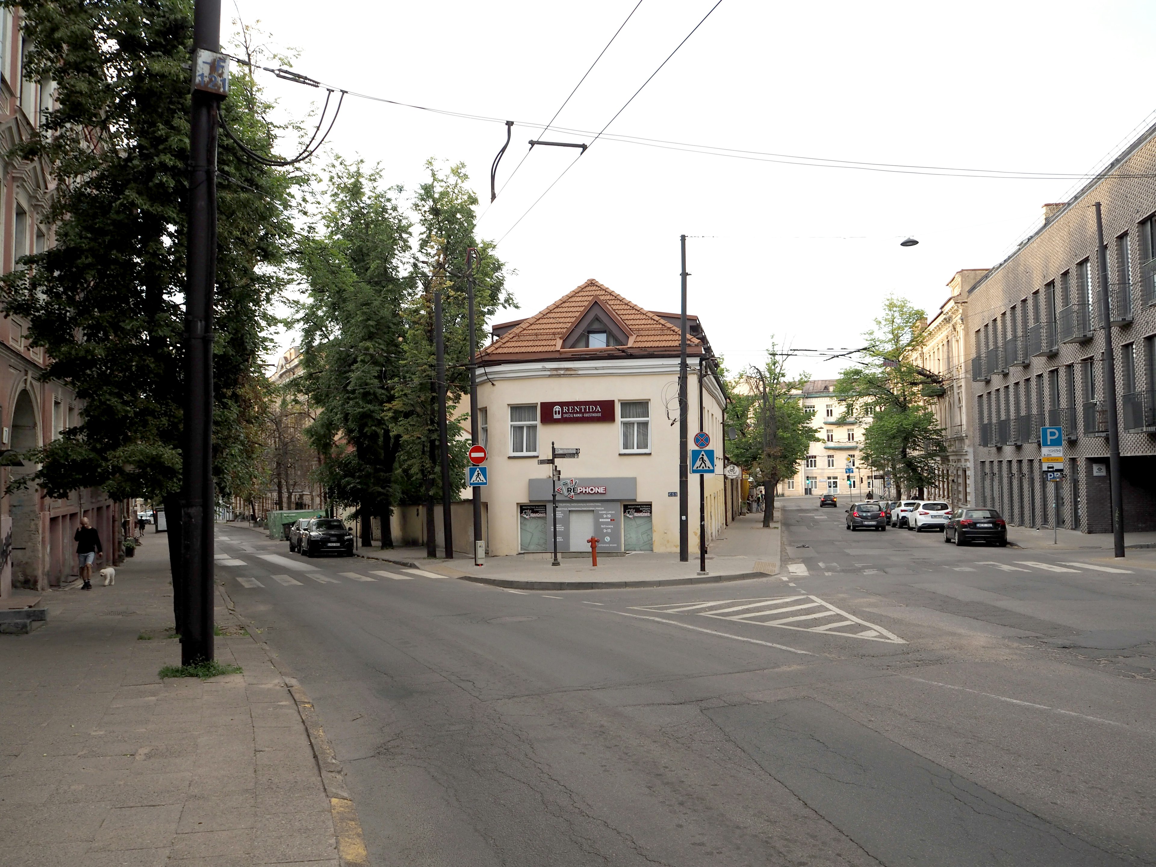 Esquina de calle tranquila con un edificio blanco y árboles verdes