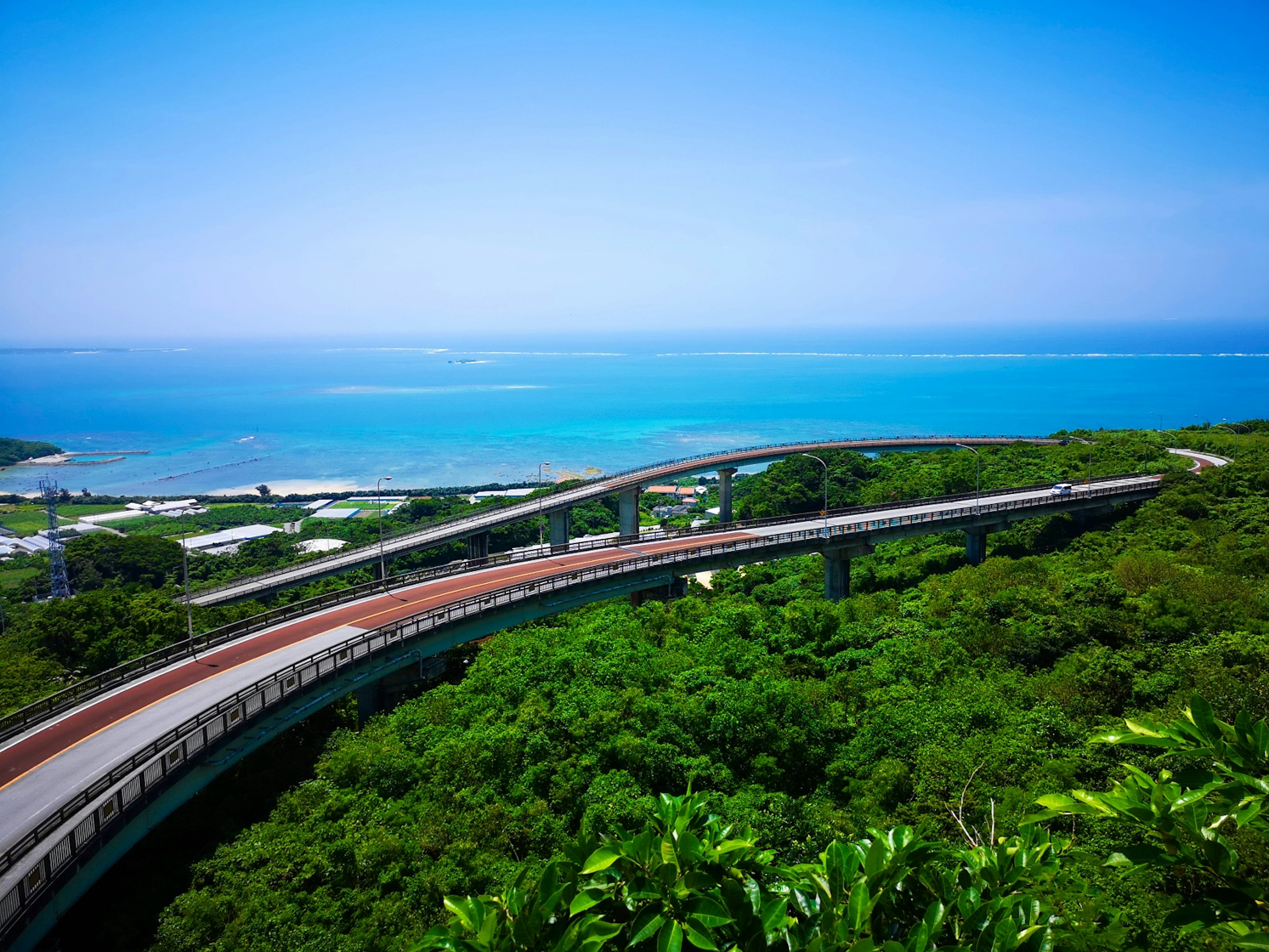 Curved road surrounded by green forest and blue ocean