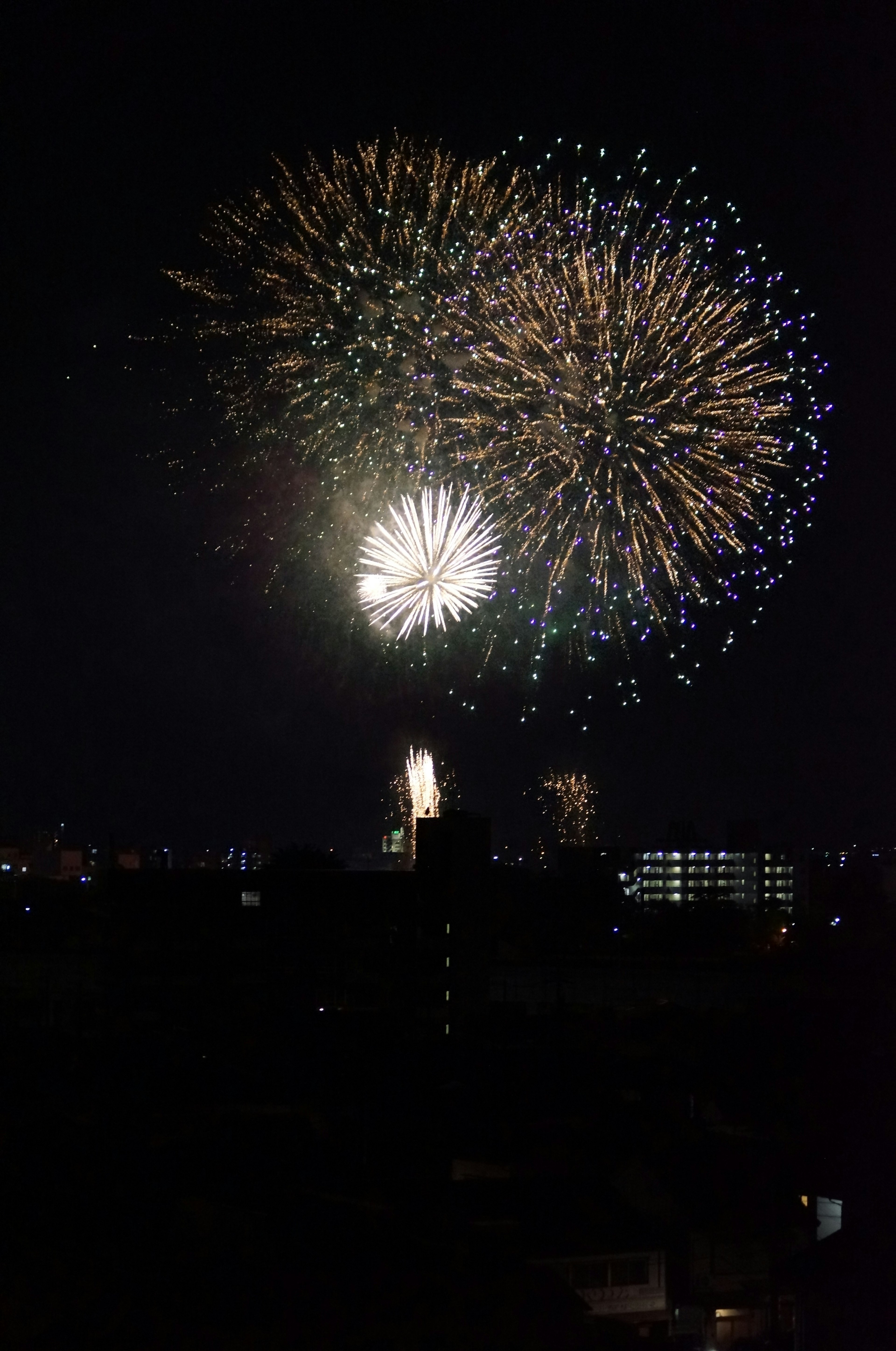 夜空に大きな花火が打ち上げられ輝いている