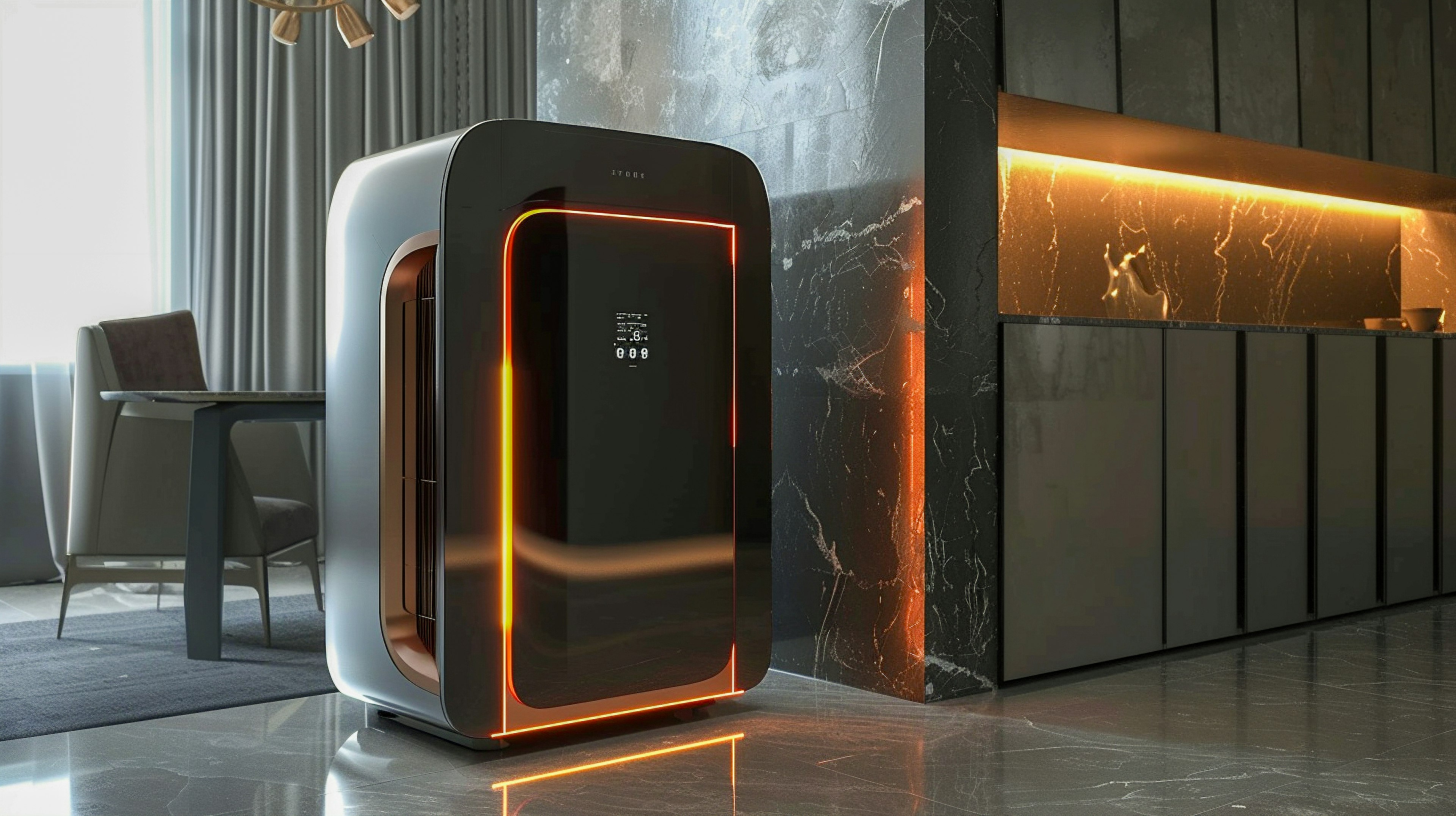 Modern designed refrigerator in a corner of a room Featuring distinctive orange lighting with marble walls and furniture in the background