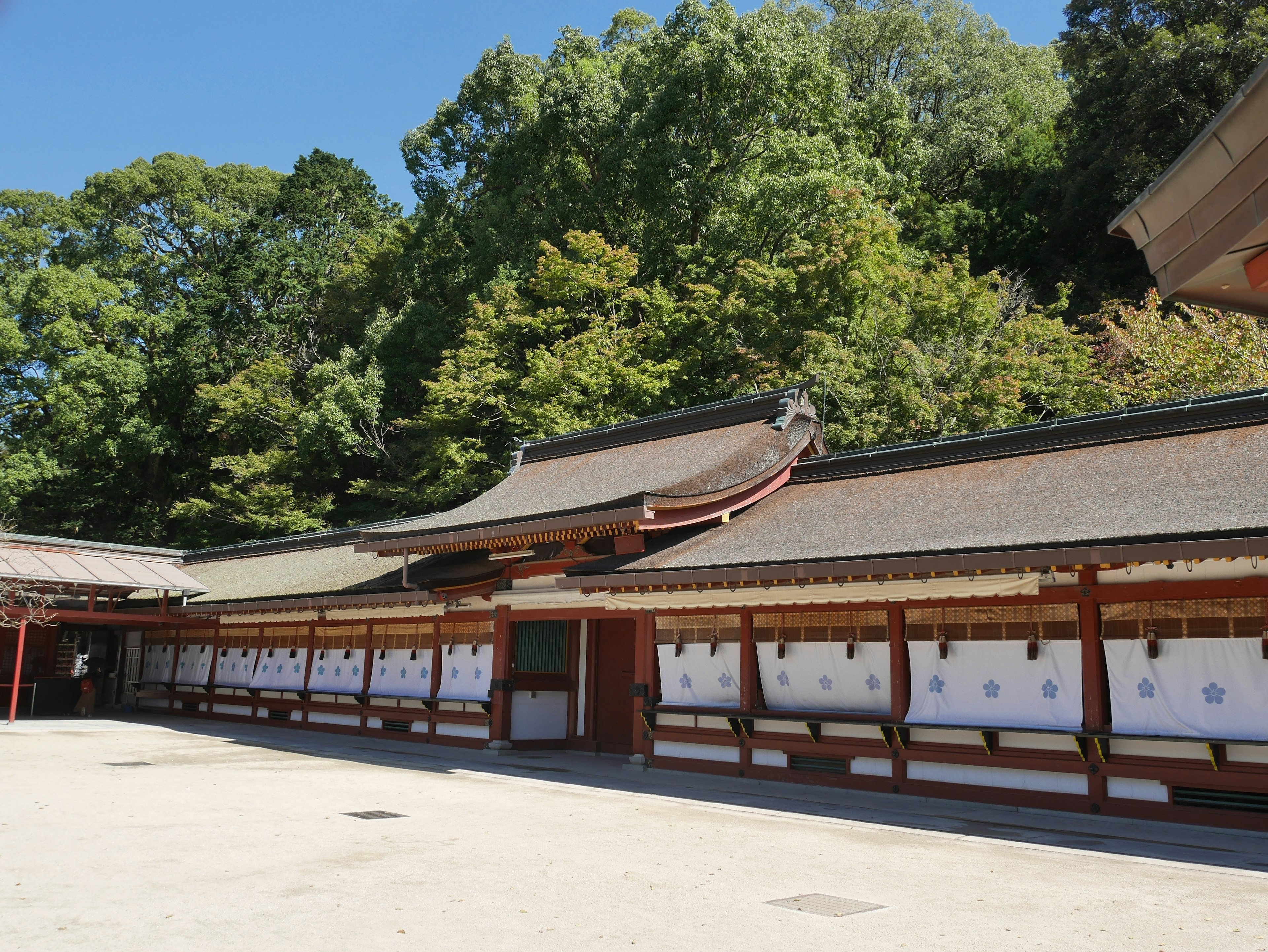 Traditional Japanese architecture in a shrine courtyard with lush greenery