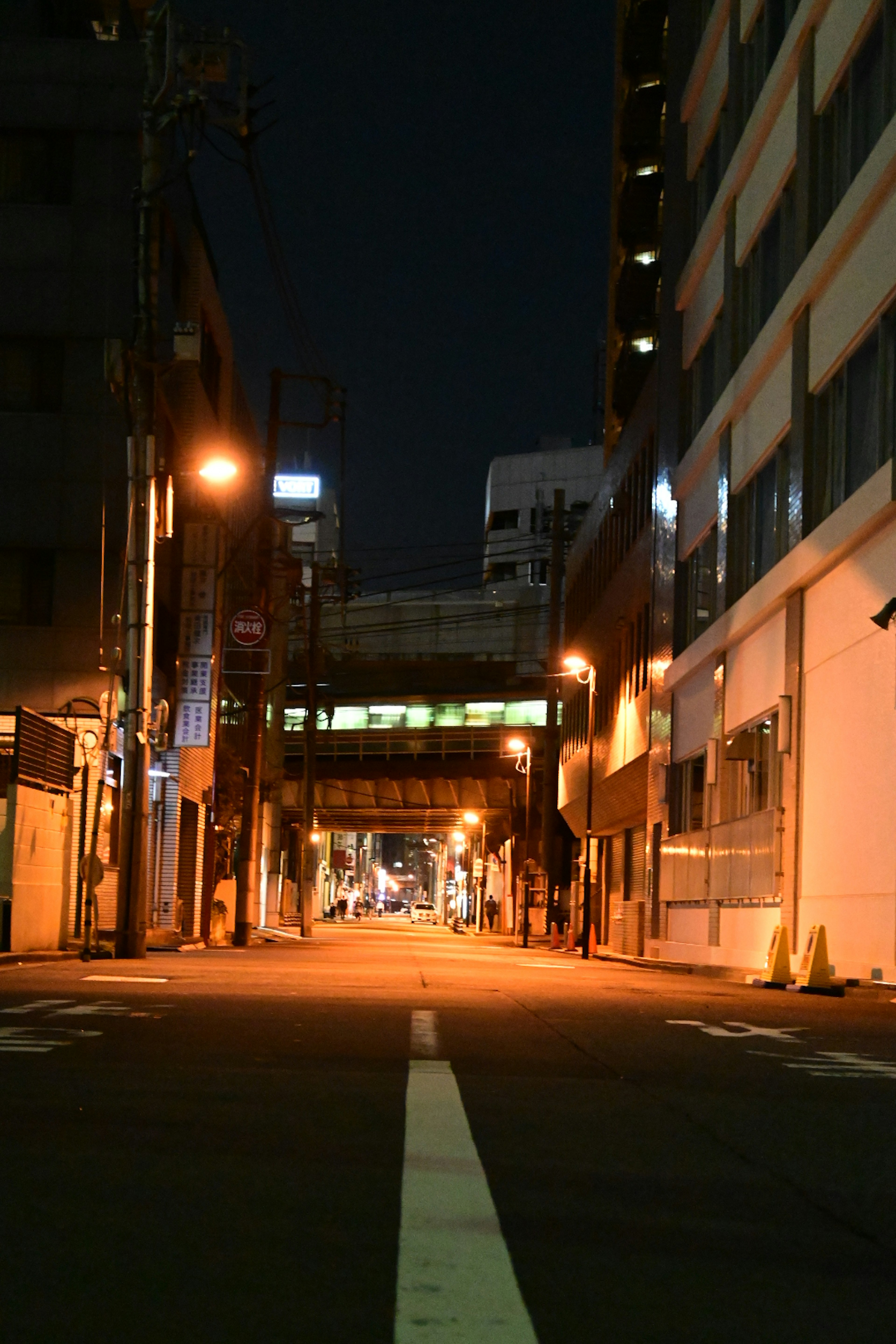 夜の静かな通りに立つ街灯とビル