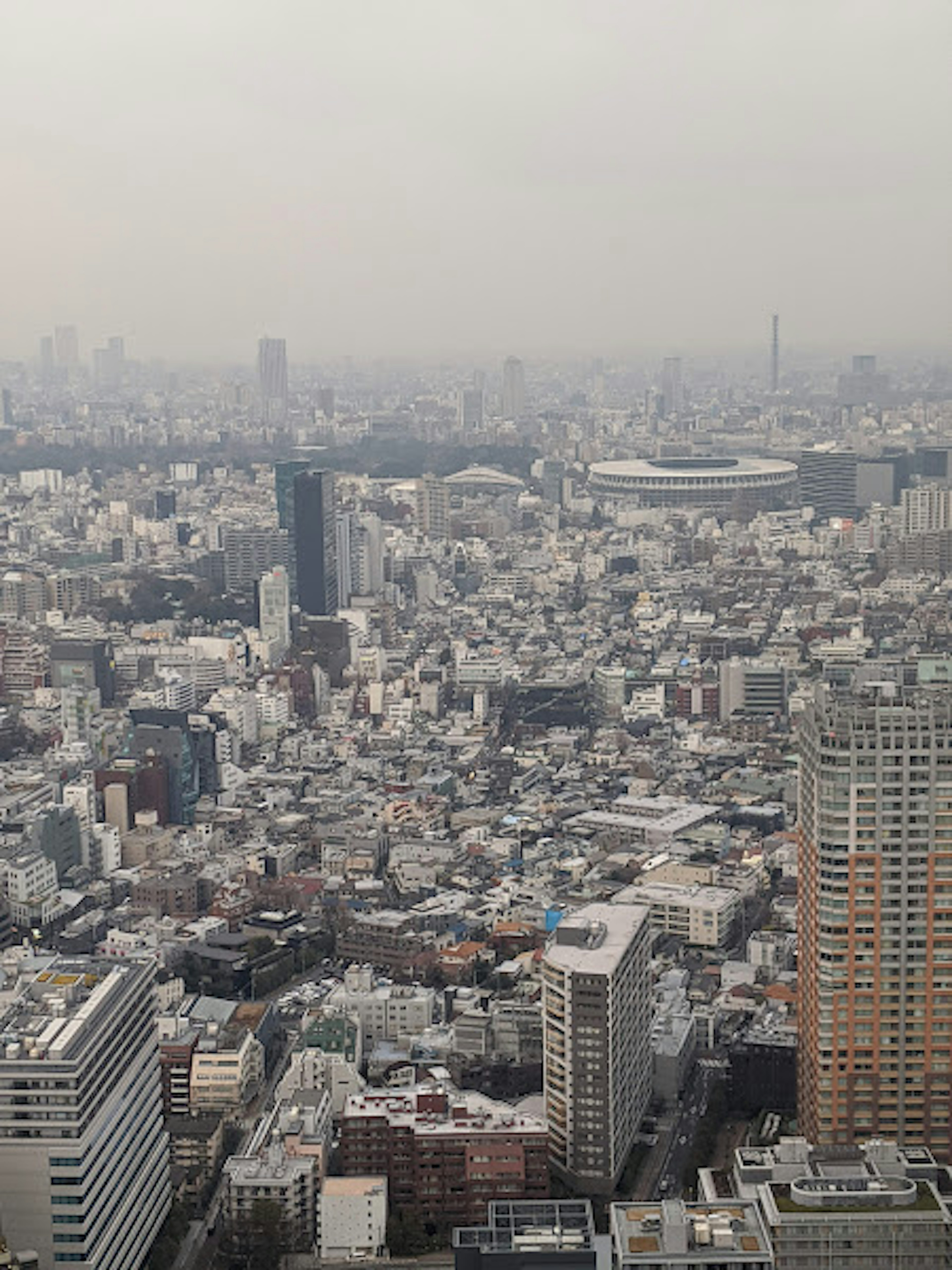 Lanskap kota Tokyo yang luas dengan gedung-gedung padat dan Tokyo Dome di kejauhan