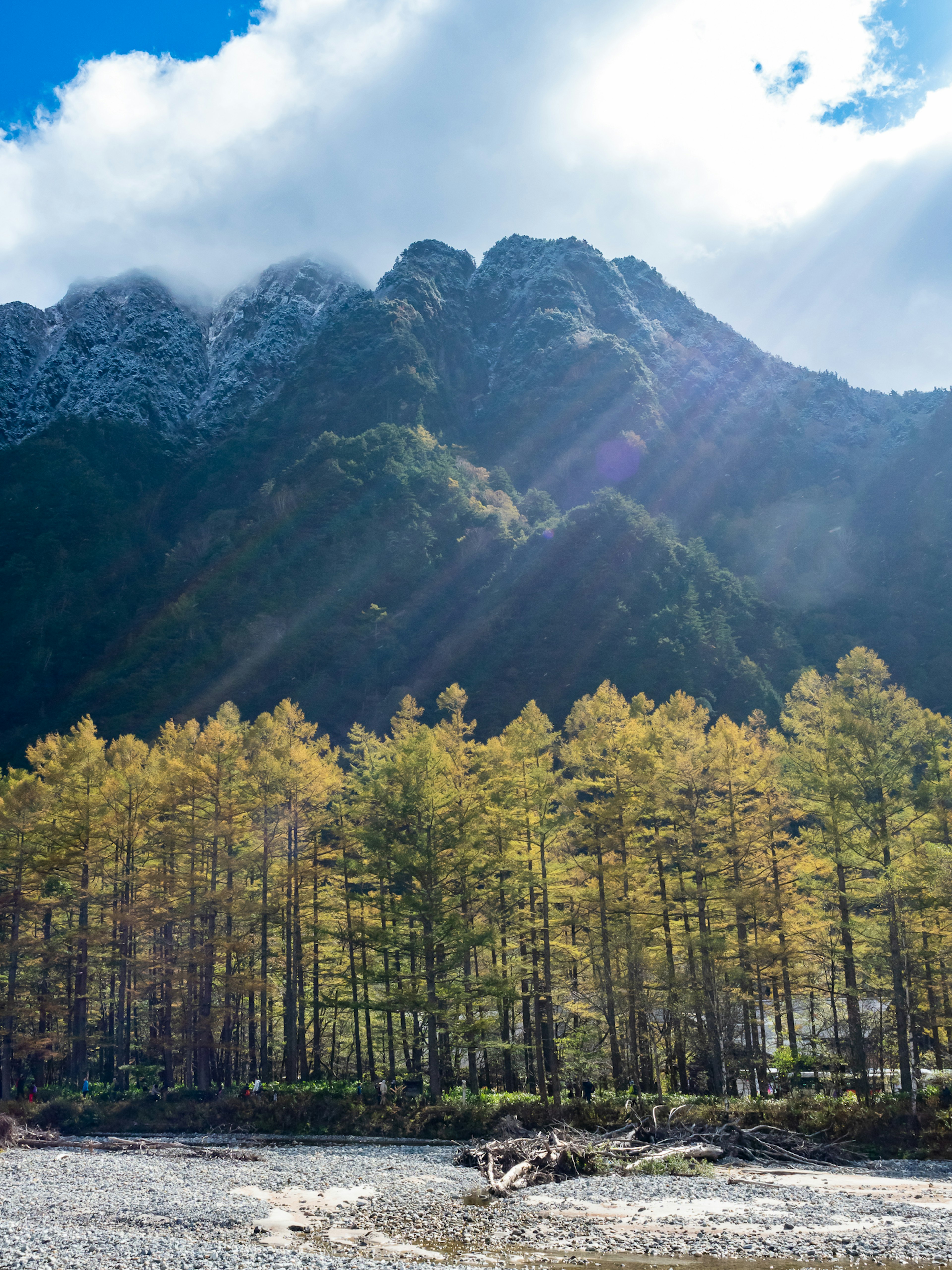 Scenic view of mountains with yellow trees in the foreground