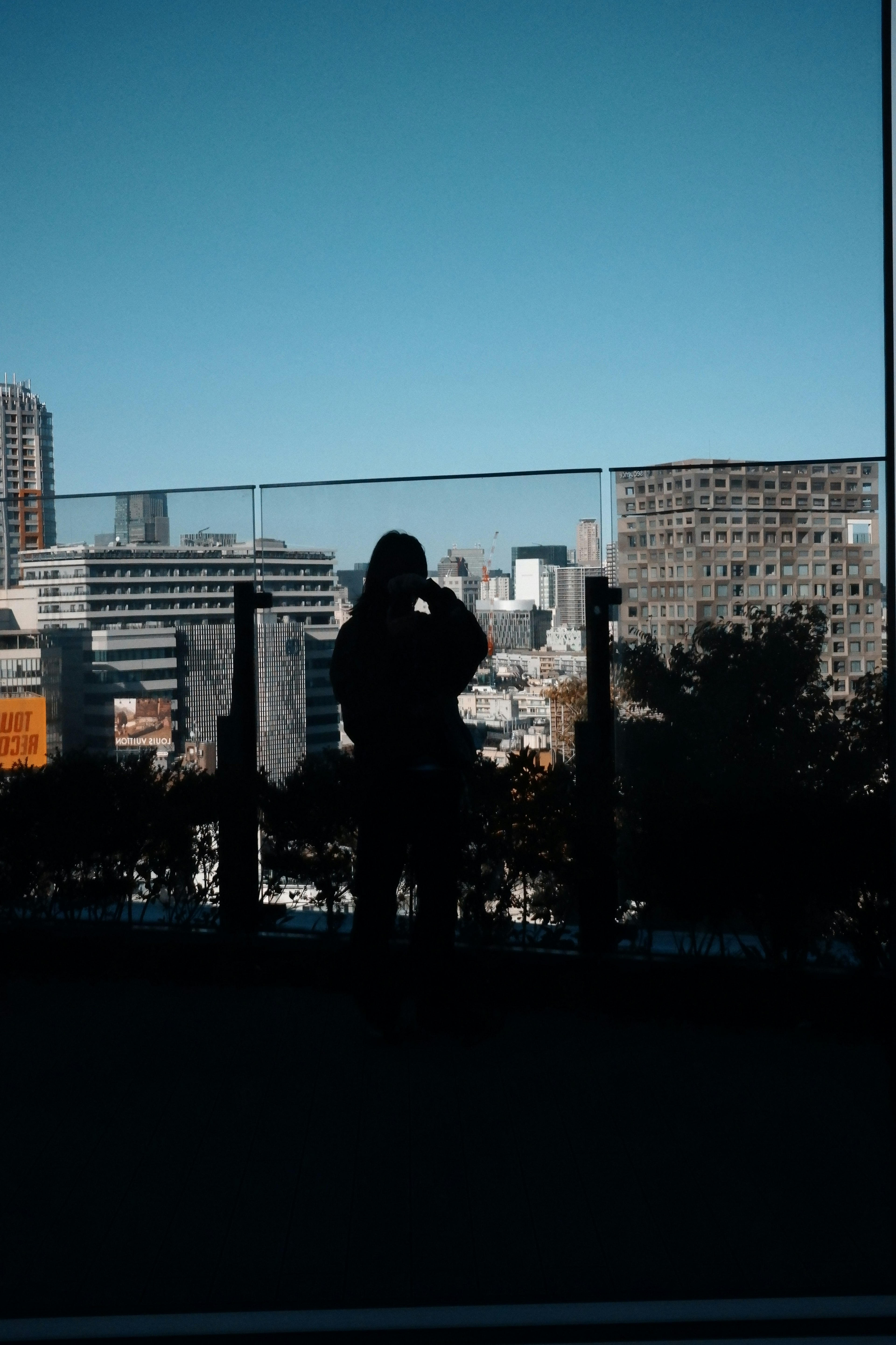 青空の下で都市の景色を眺めるシルエット