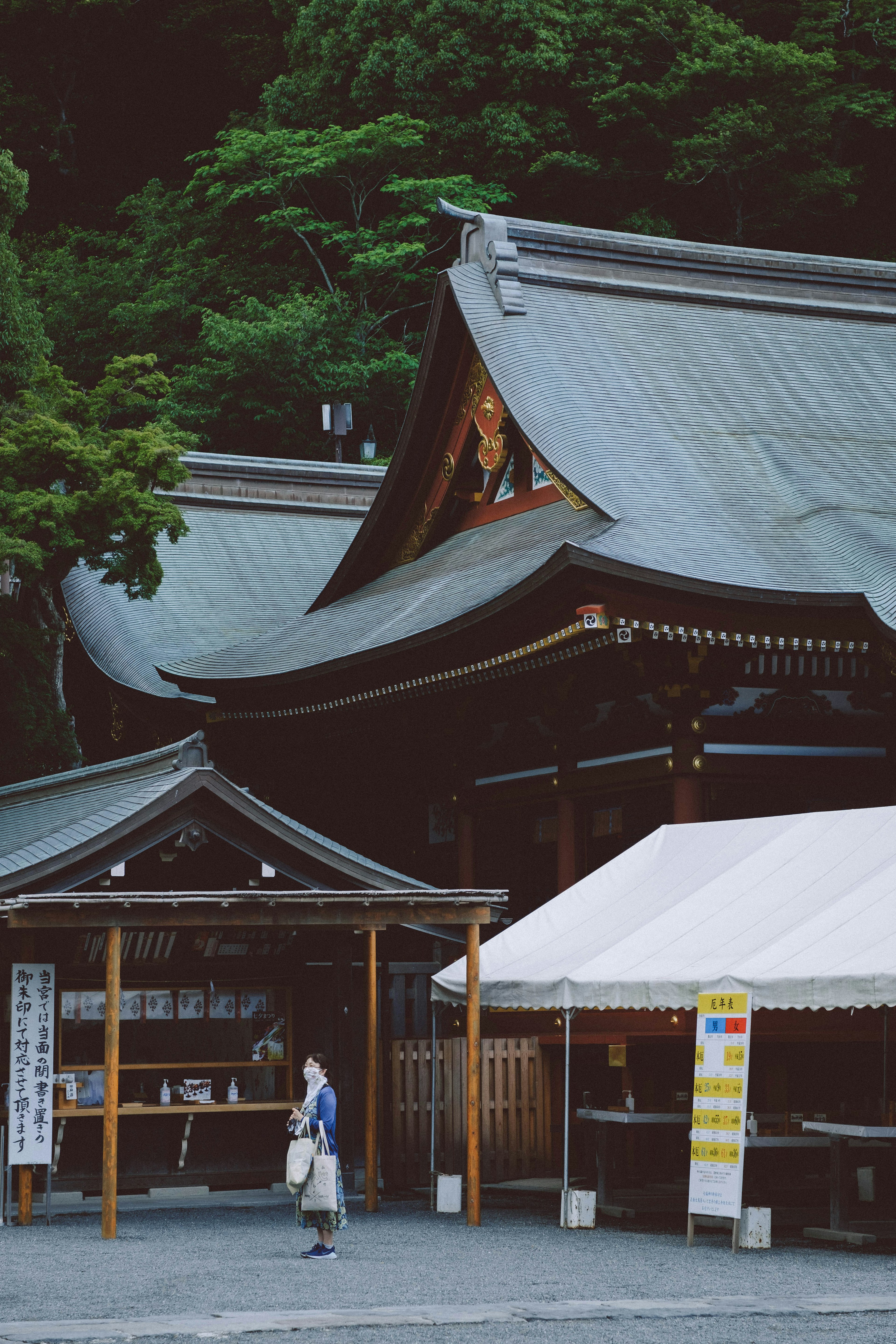 神社の伝統的な建築物と訪問者が写っている風景