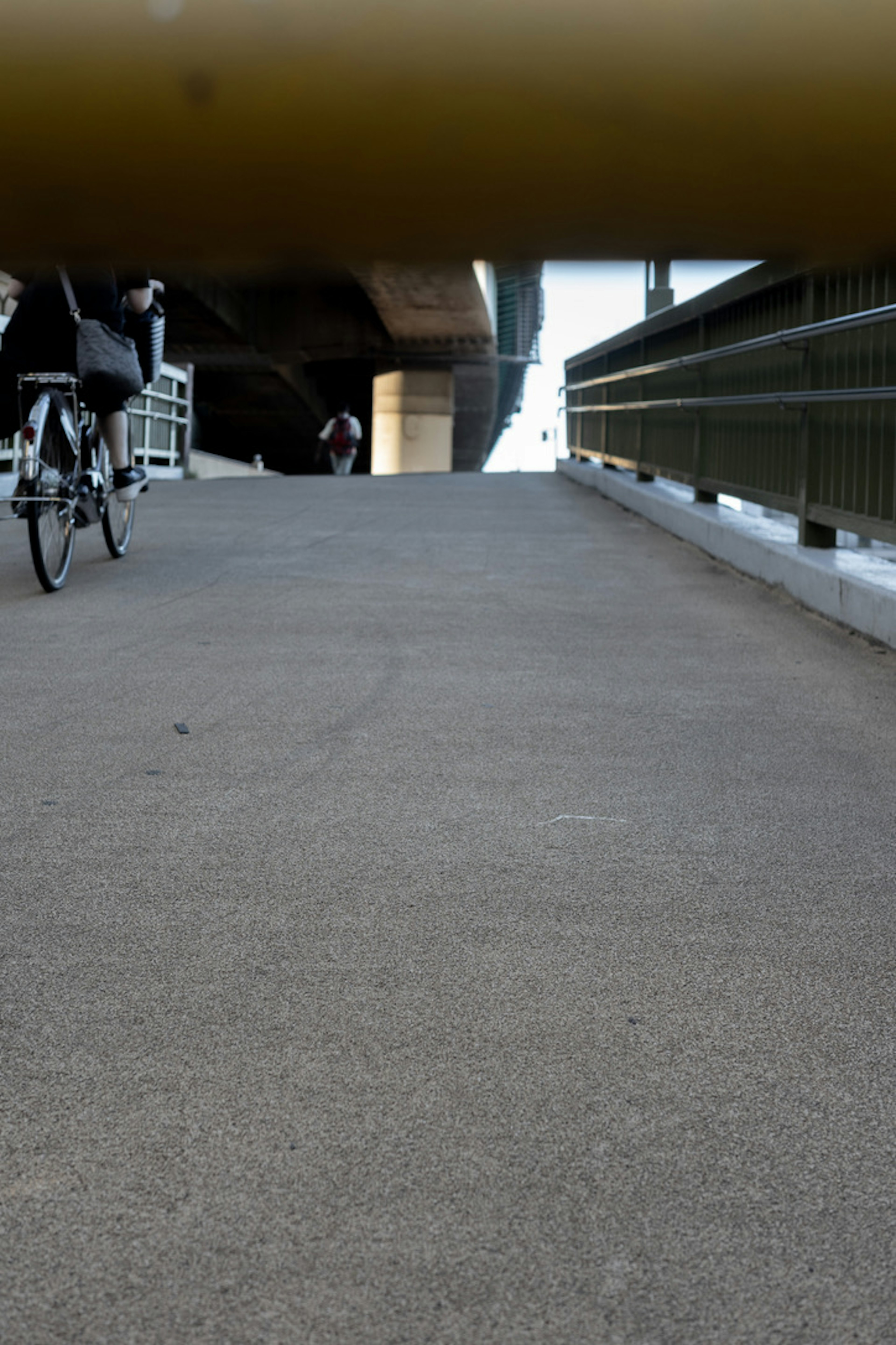 Vista di un percorso pavimentato dalla prospettiva di un ciclista sotto un ponte