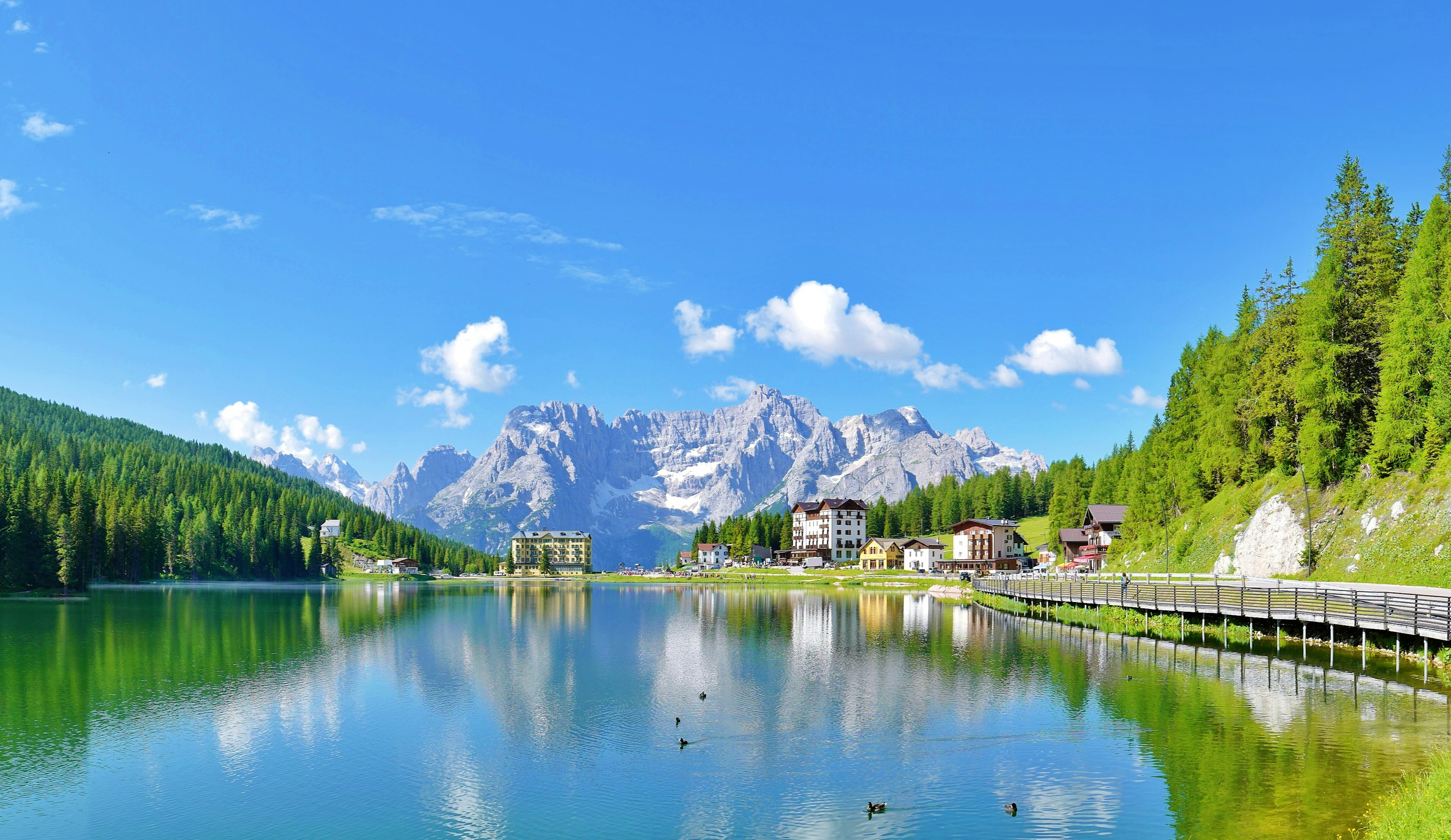 Vista panoramica di un lago tranquillo circondato da vegetazione lussureggiante e montagne sotto un cielo azzurro