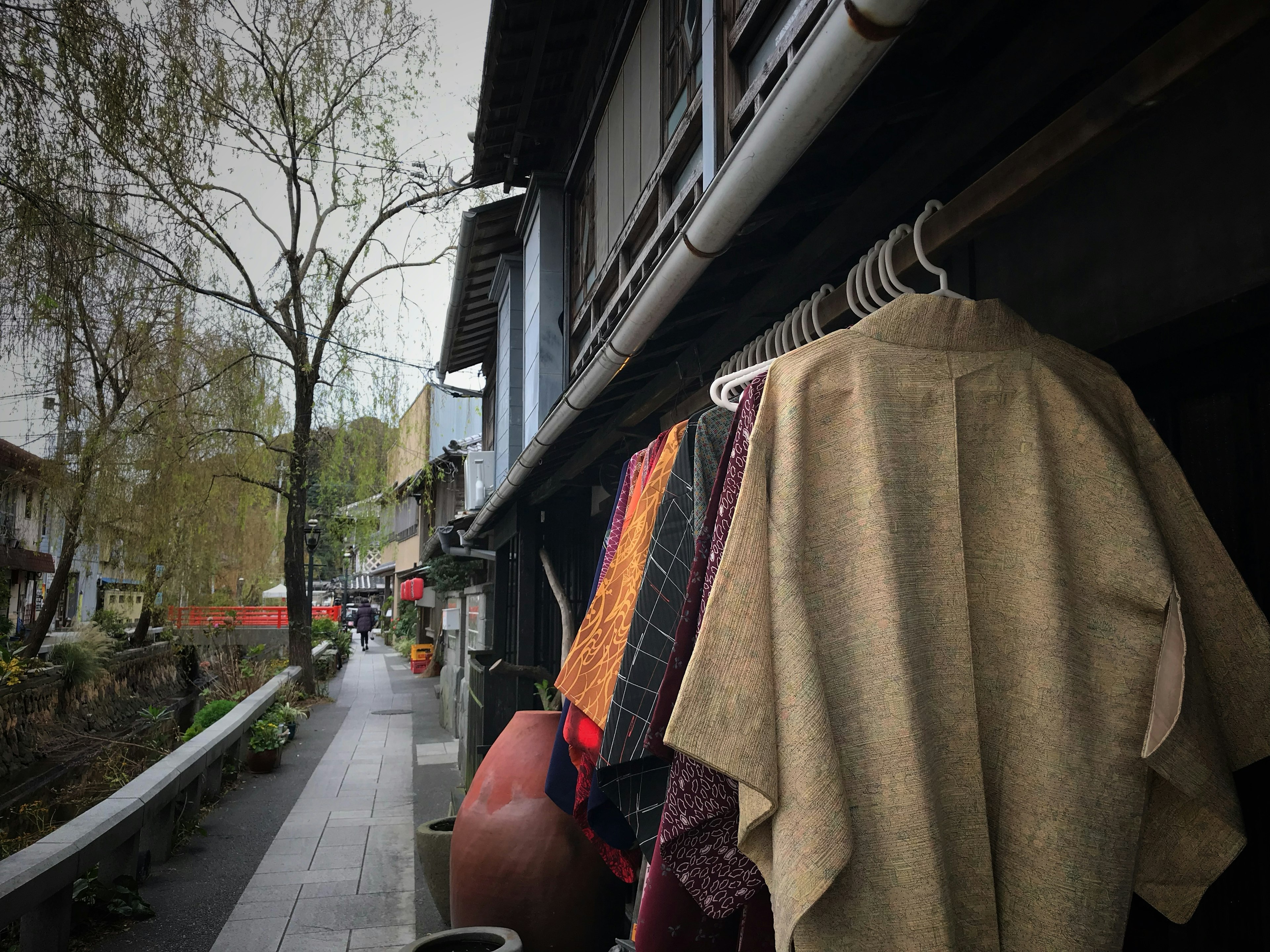 Vêtements suspendus à l'extérieur par un jour de pluie avec des arbres en arrière-plan