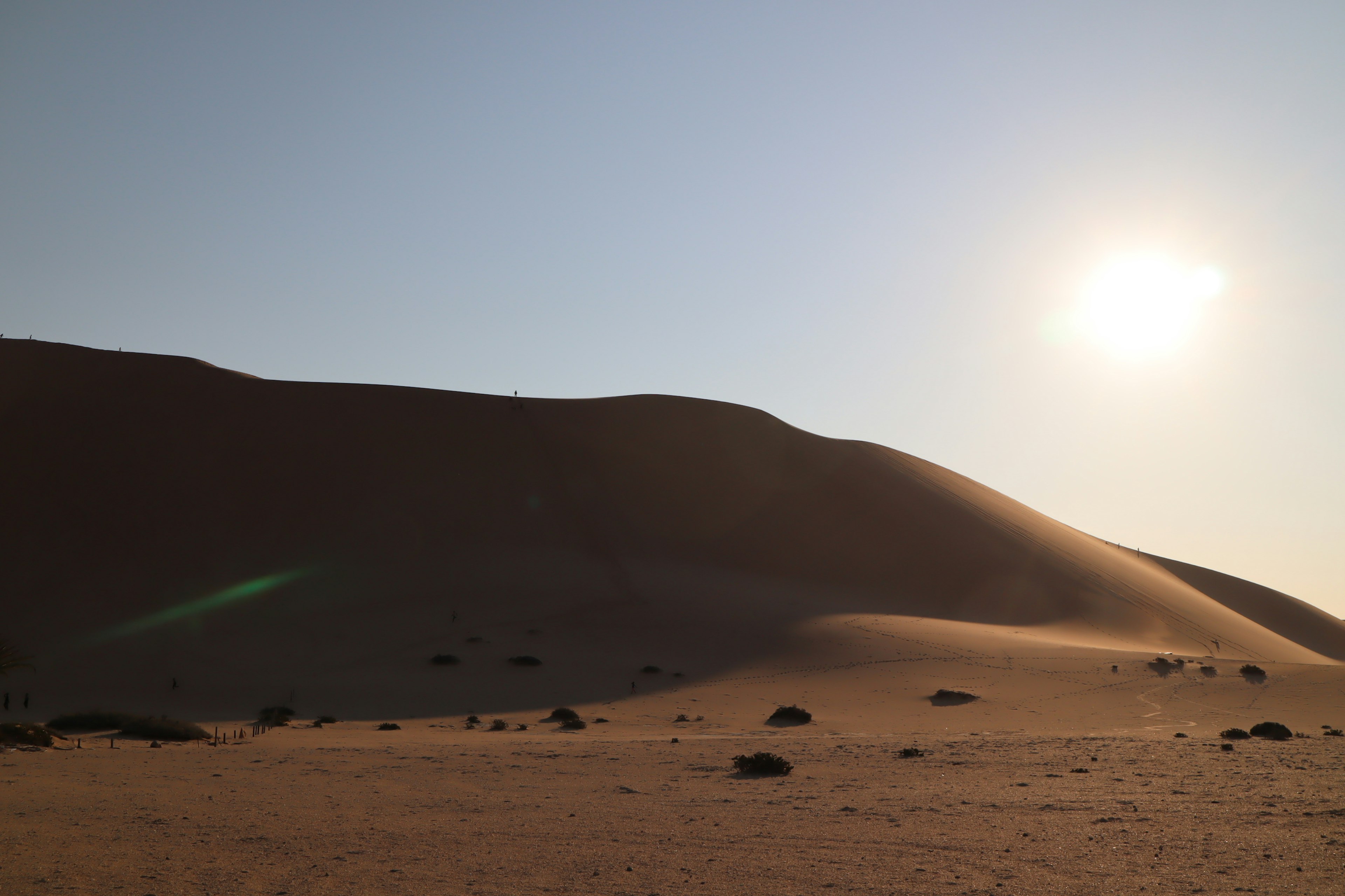 Desert landscape featuring sand dunes and bright sunlight