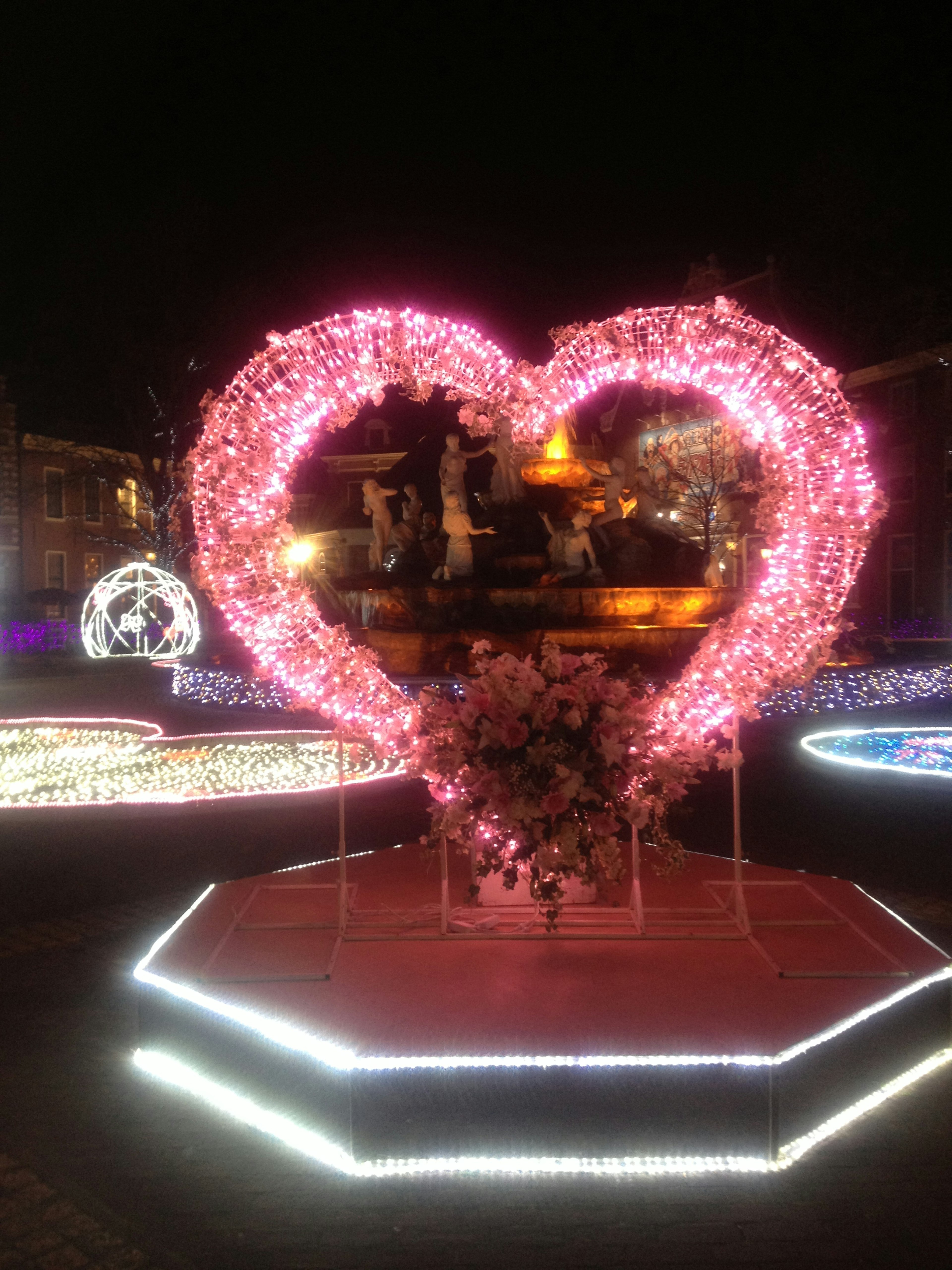 Park with illuminated heart-shaped decoration and fountain at night