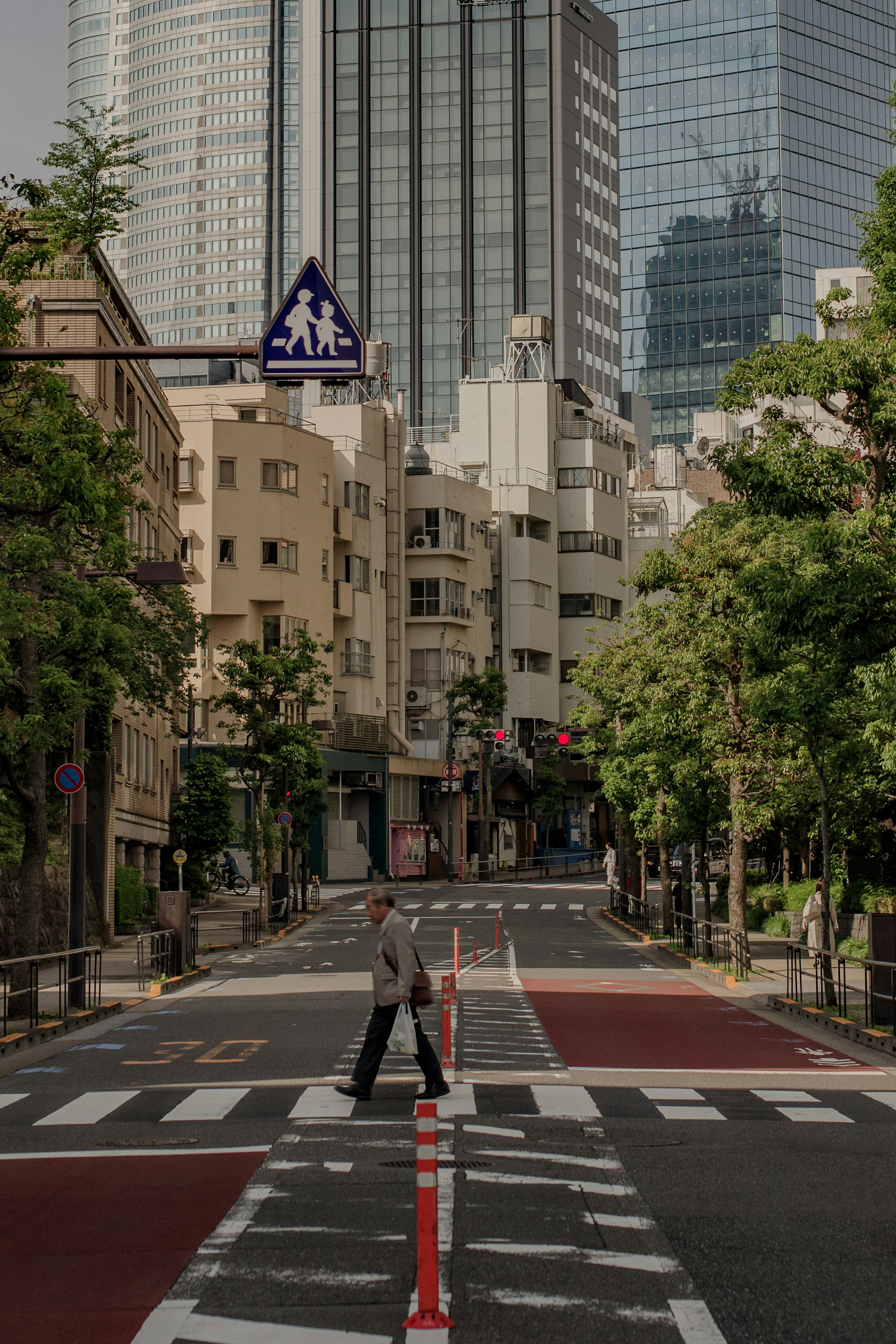 A city scene with a person crossing the street featuring tall buildings and green street trees