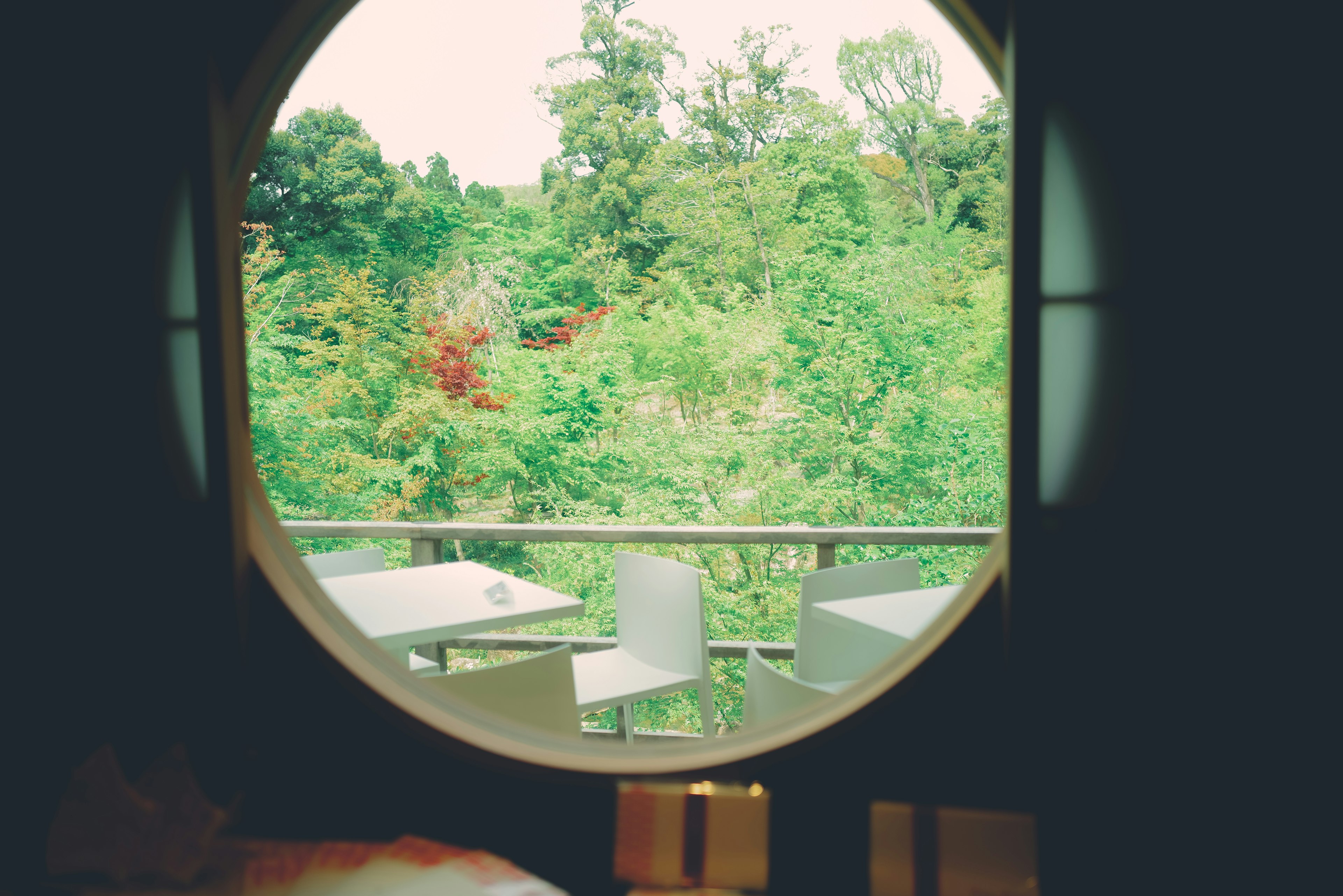 Circular window view of lush greenery and outdoor tables