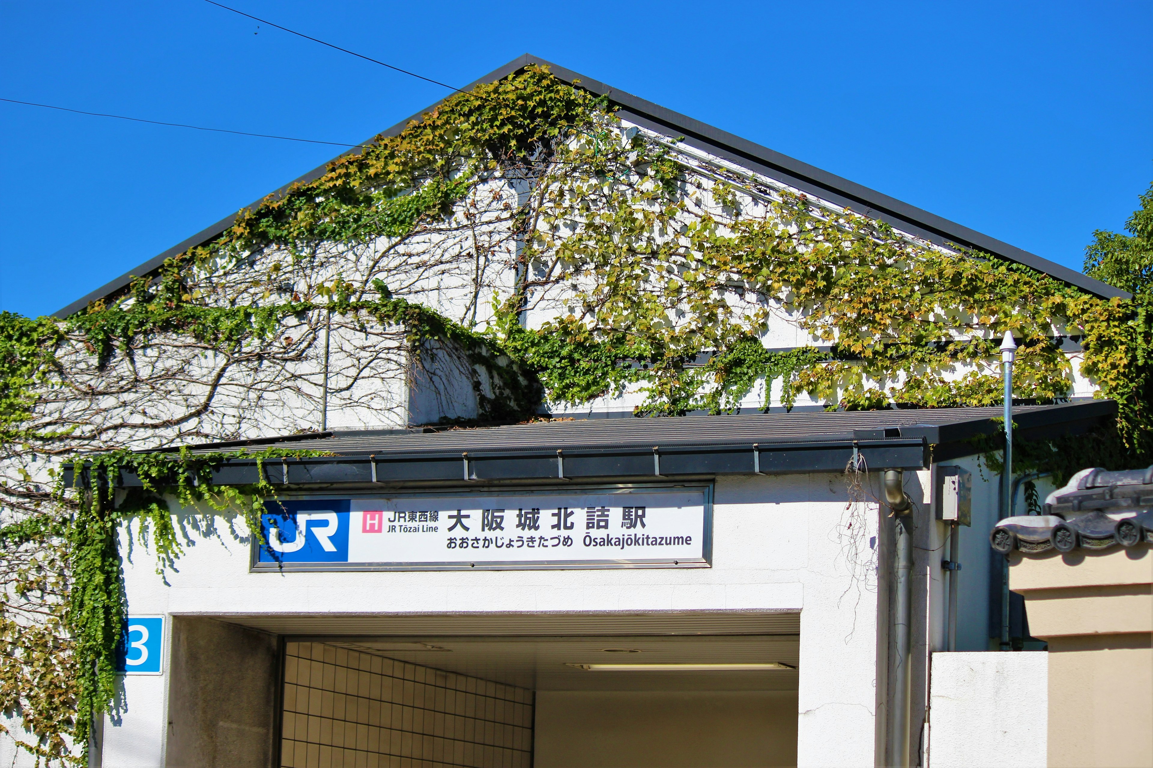 Esterno di una stazione JR coperto di viti verdi