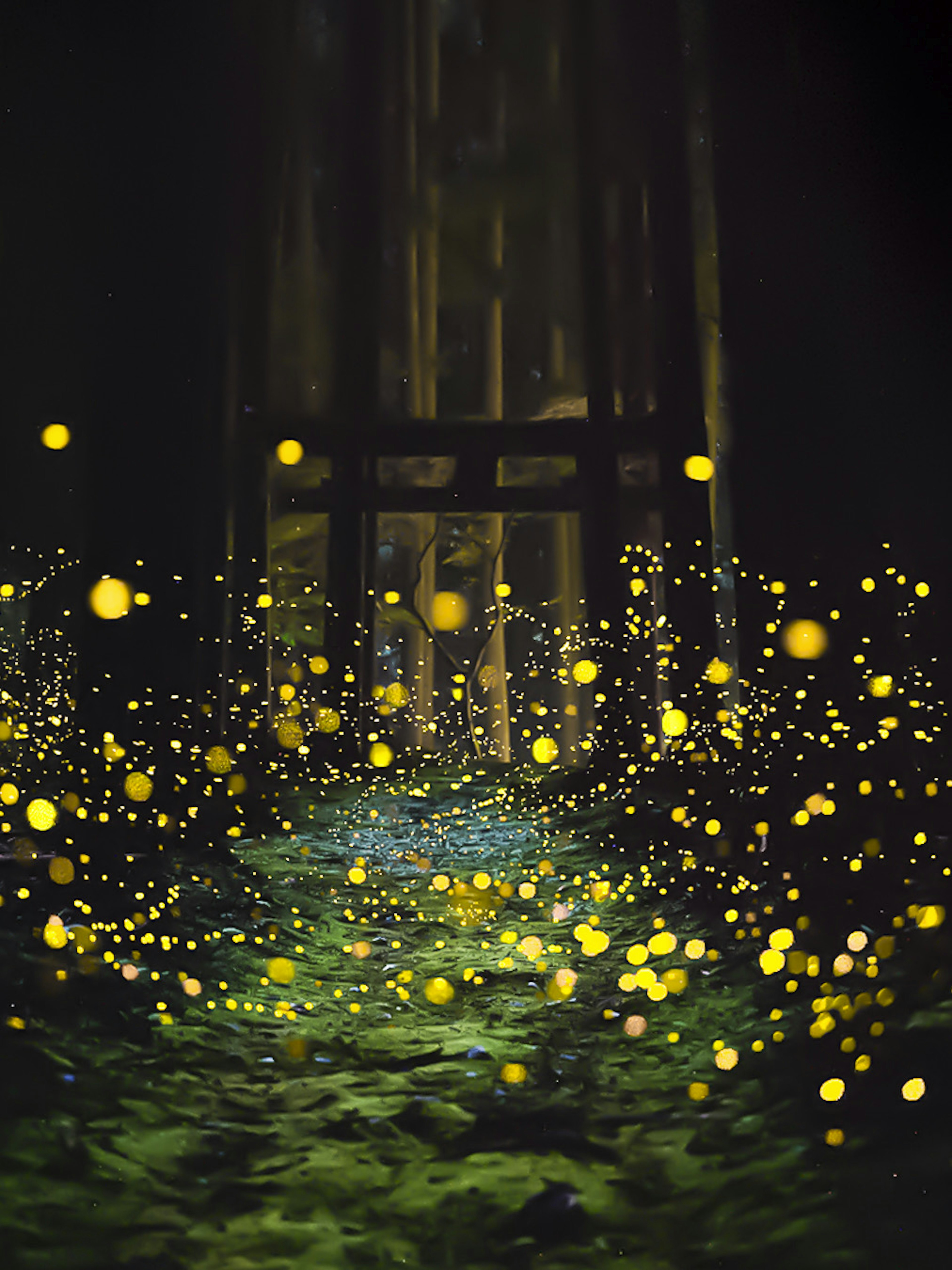 A serene night scene with glowing insects illuminating a dark background with sparkling yellow dots