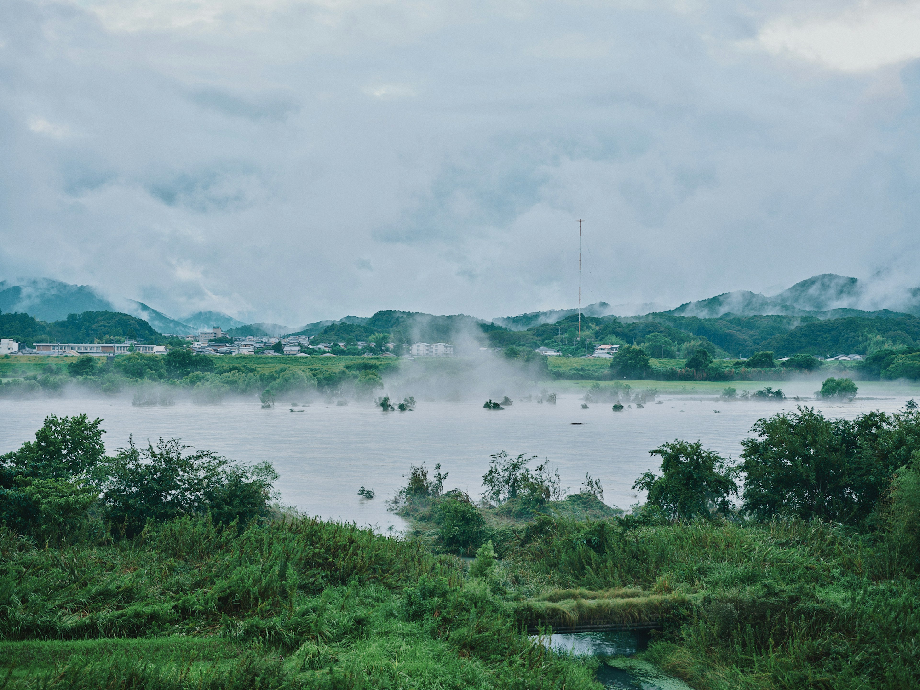 Pemandangan sungai berkabut dengan vegetasi subur dan bukit jauh