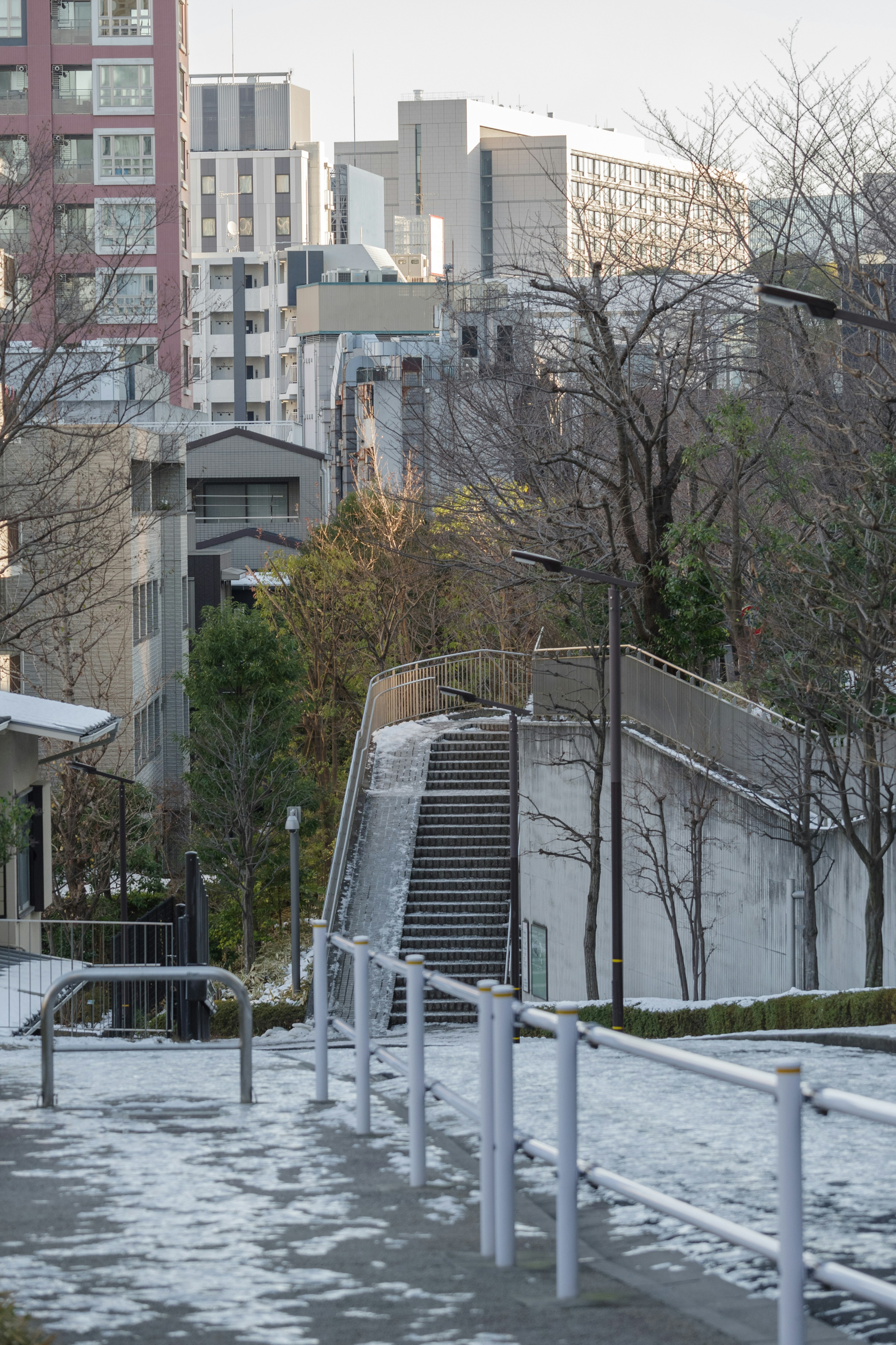 Winter park pathway with stairs and buildings in the background