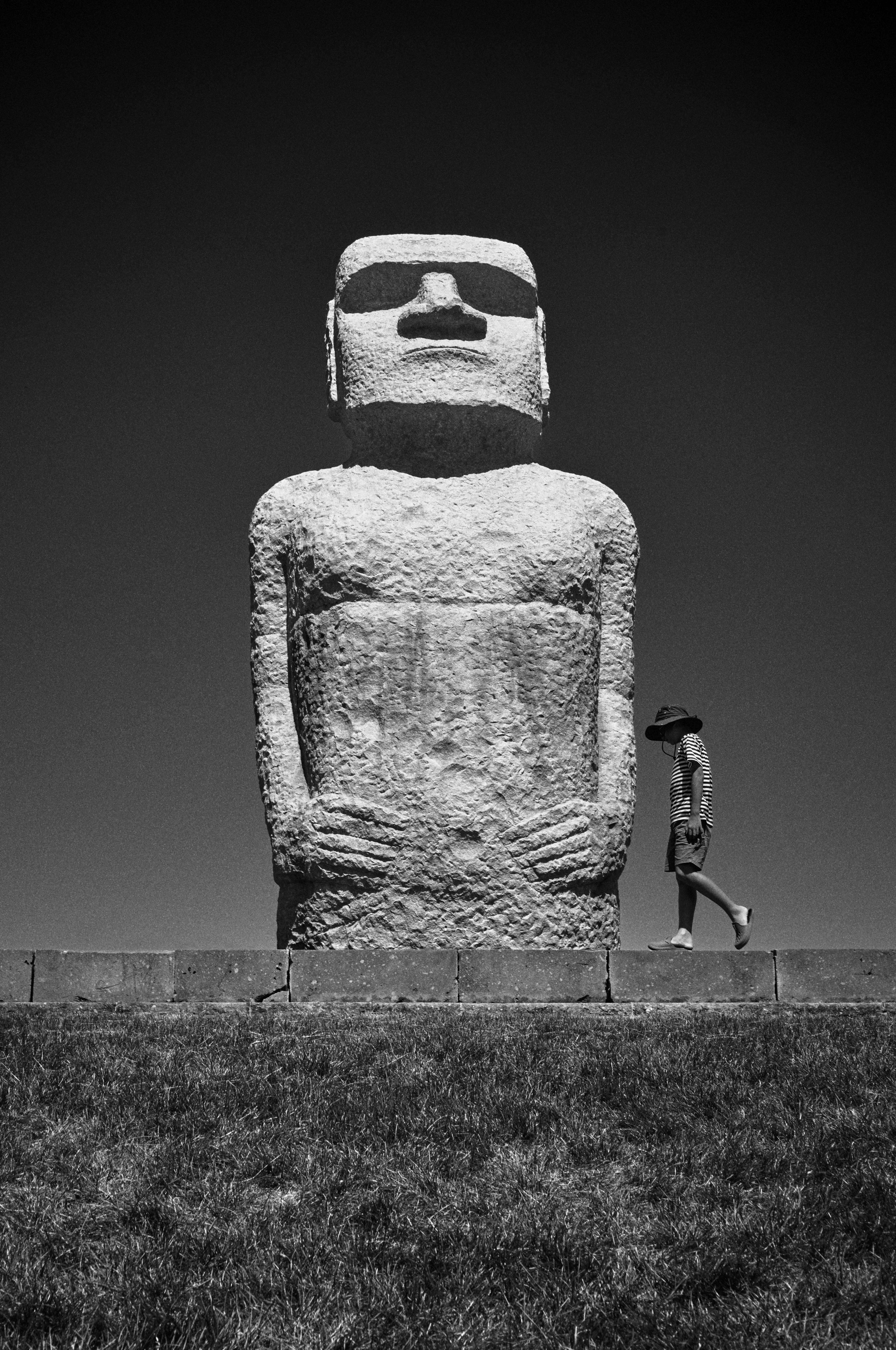 Una persona caminando frente a una gran estatua Moai