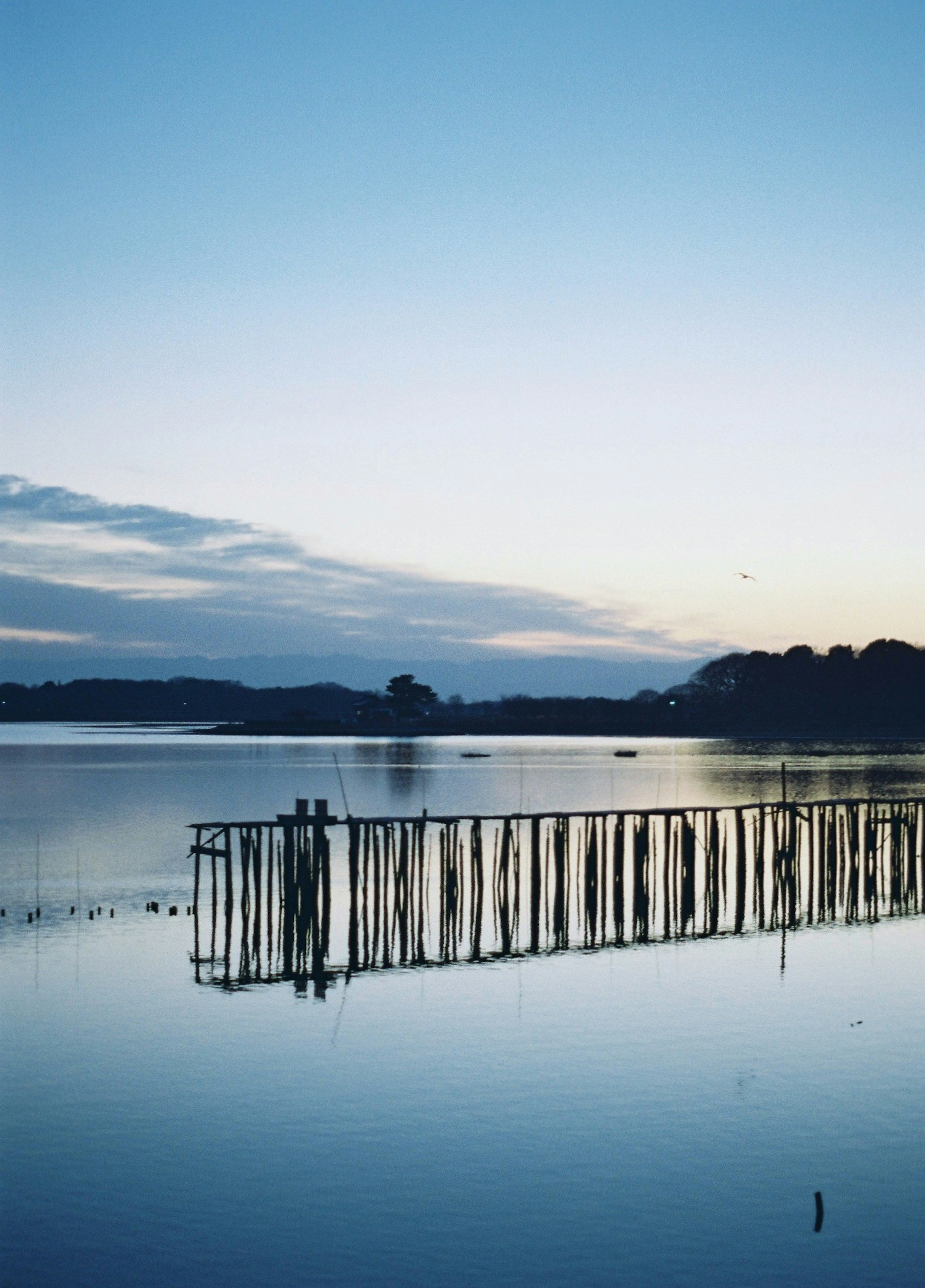 Old wooden pier over a calm lake with a serene blue sky