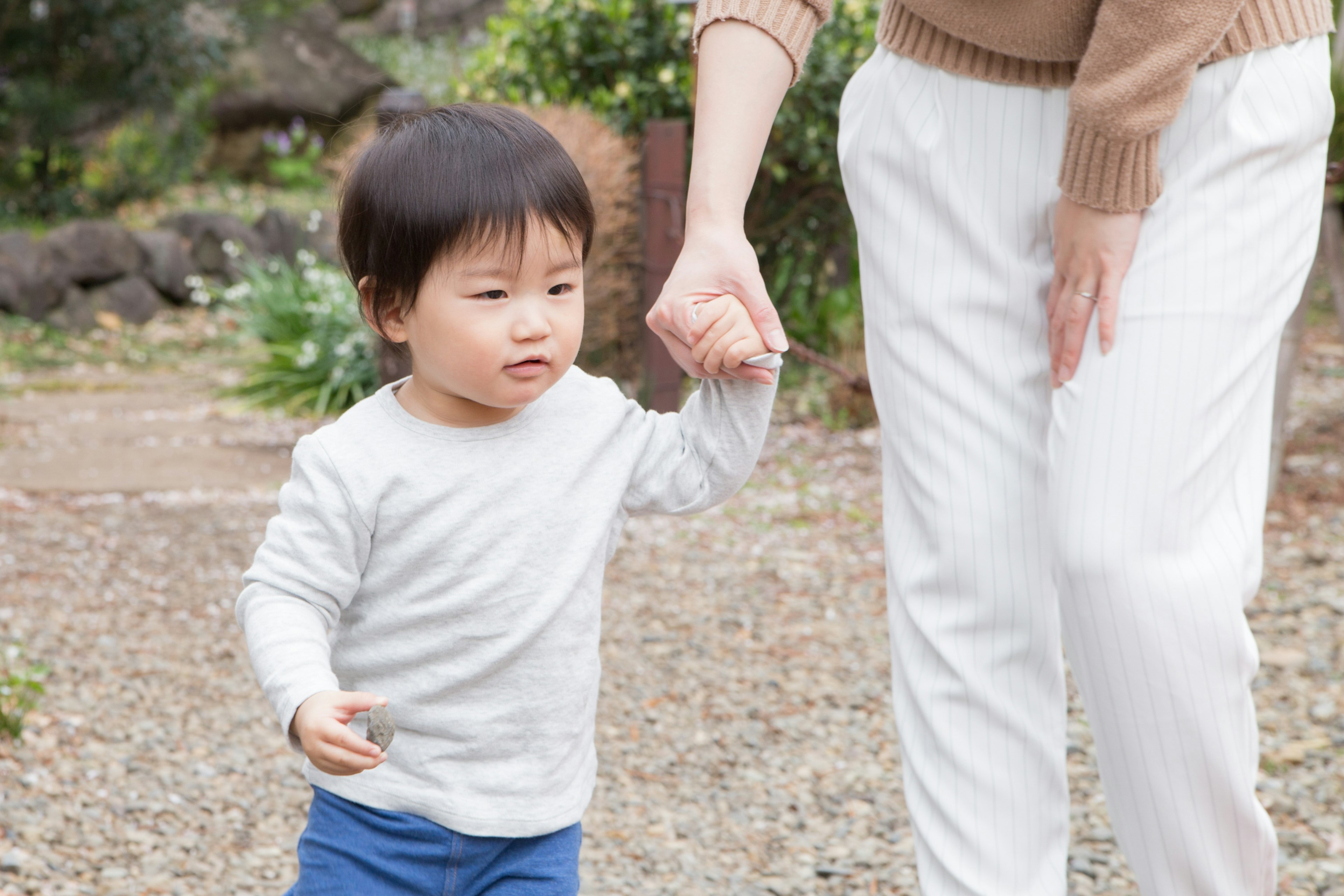 A child holding an adult's hand in a garden