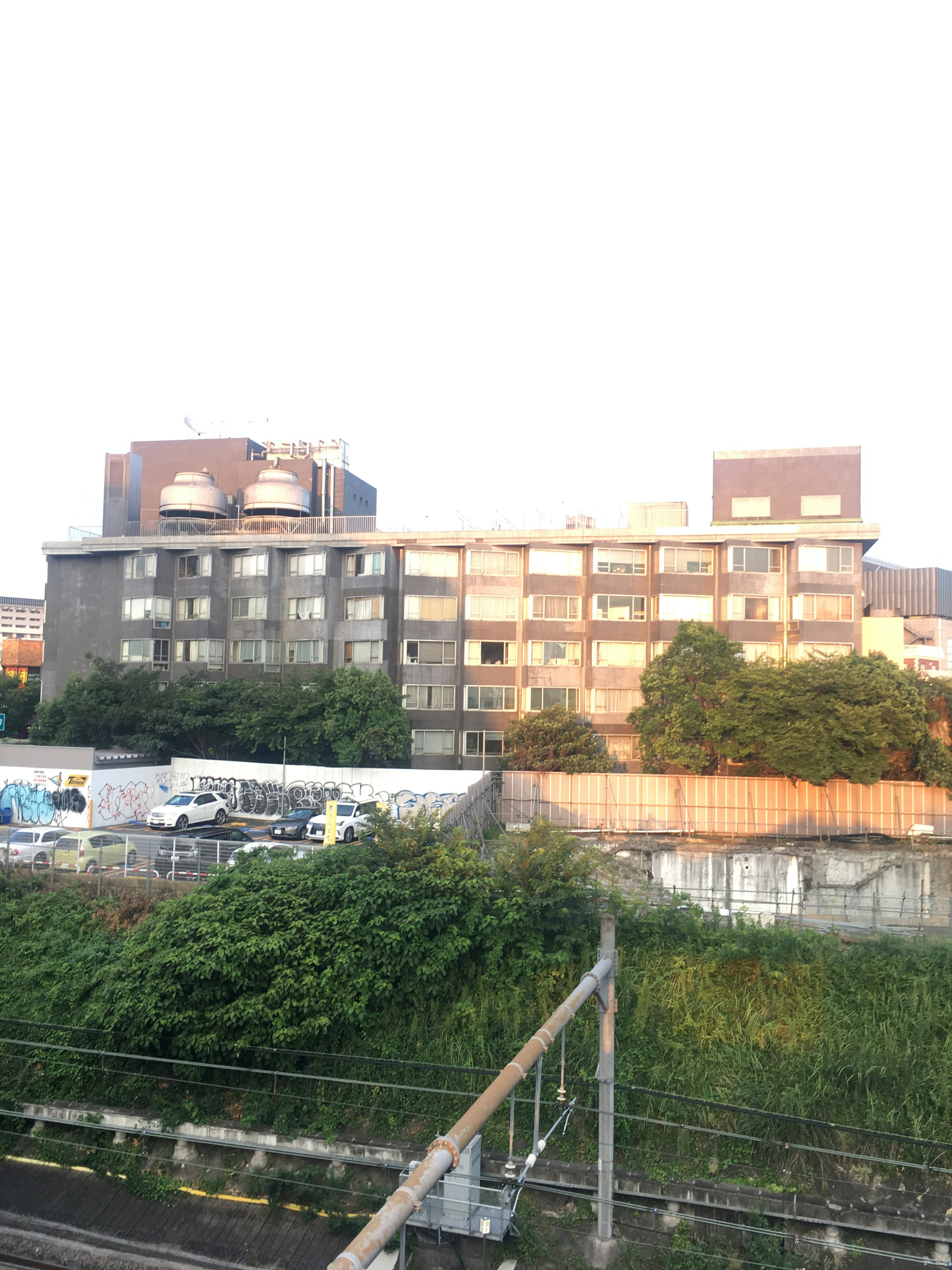 Concrete building at dusk surrounded by greenery