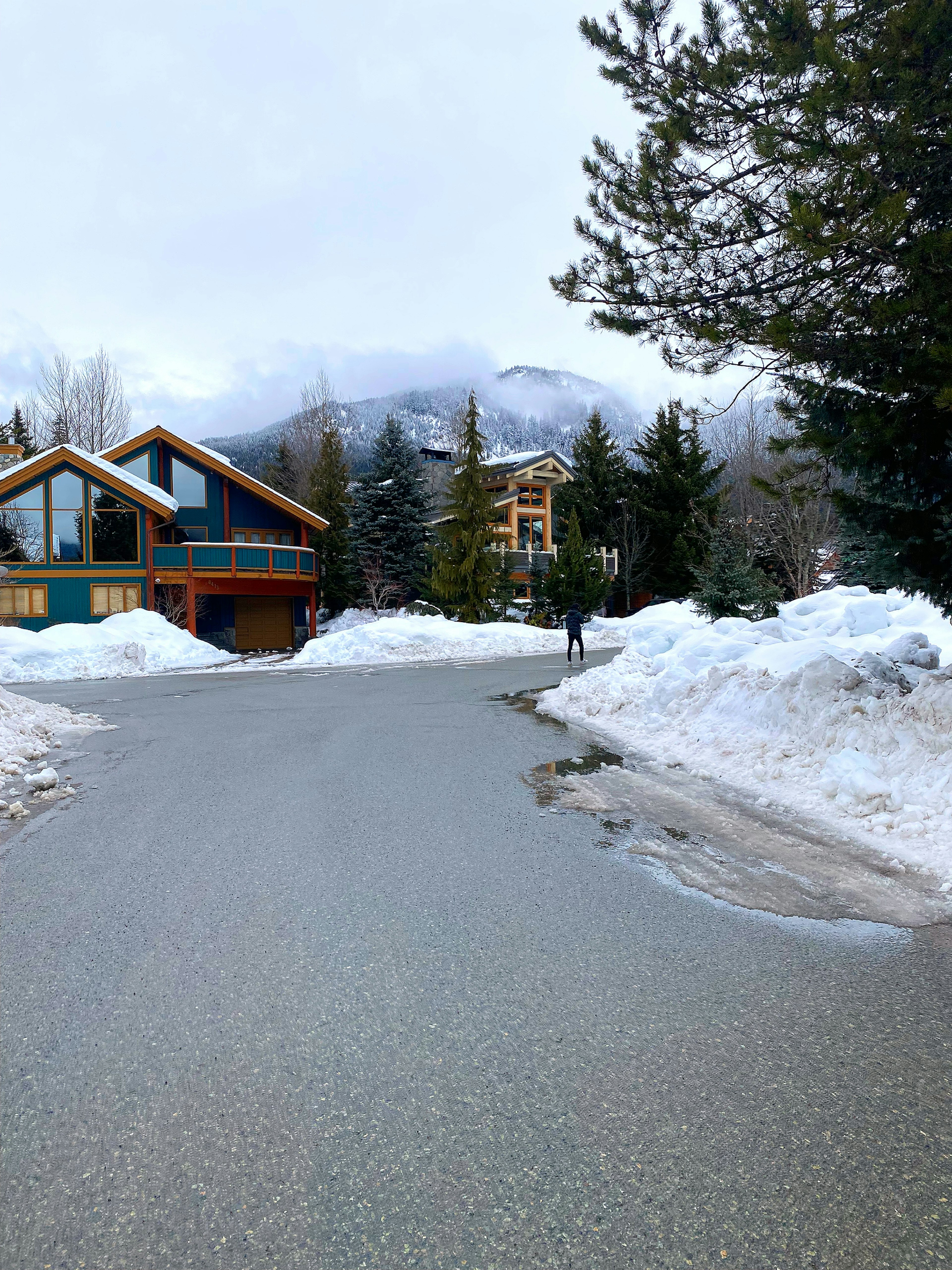 Scena invernale di una strada residenziale con neve e montagne sullo sfondo