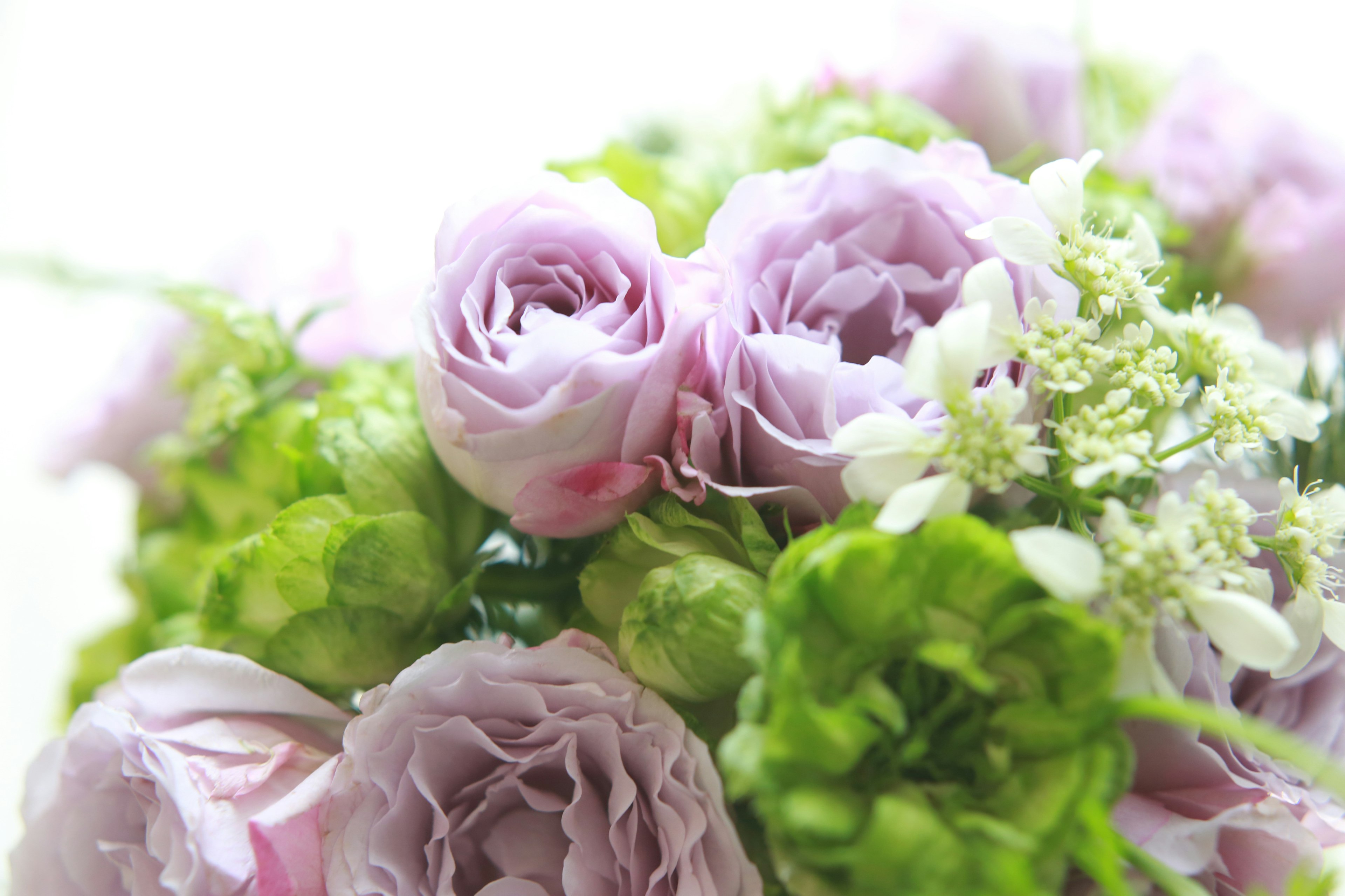 Un bel bouquet con rose viola pallido e fiori verdi