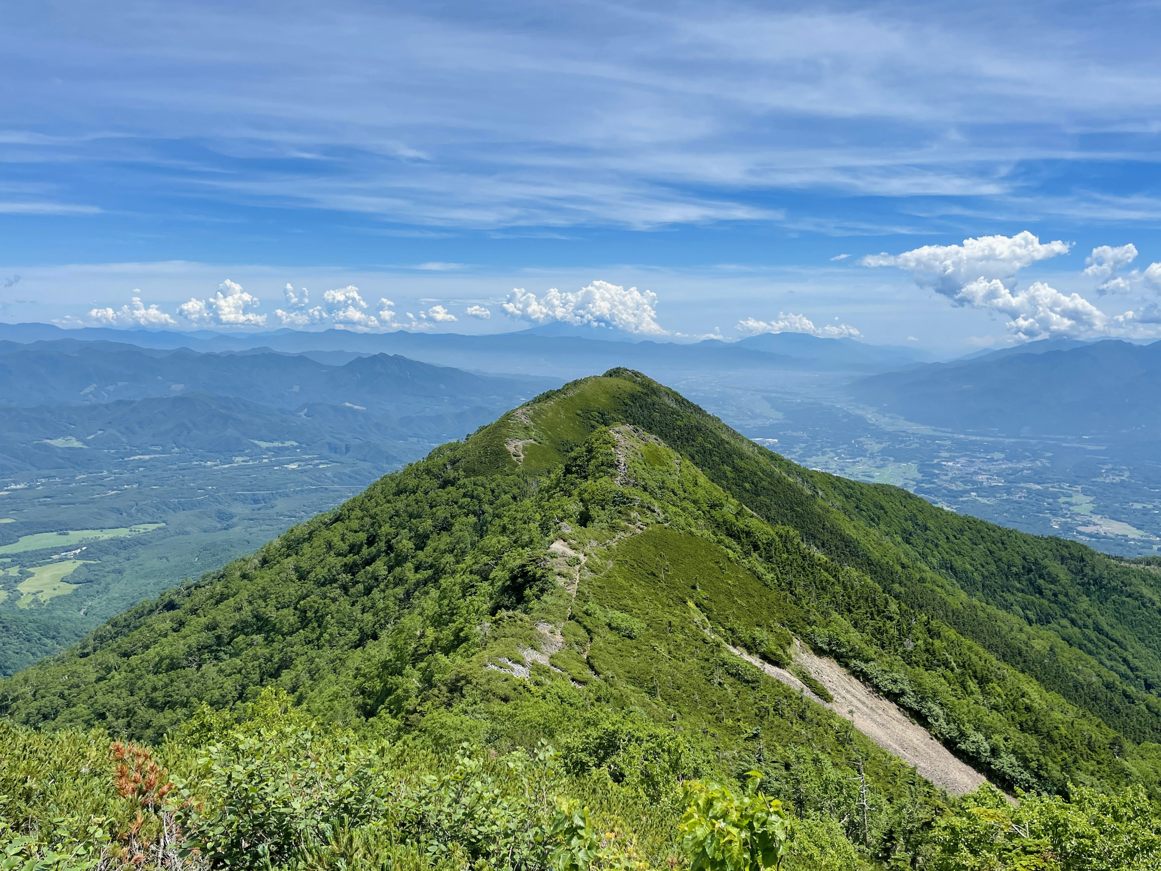 Pico de montaña verde bajo un cielo azul brillante