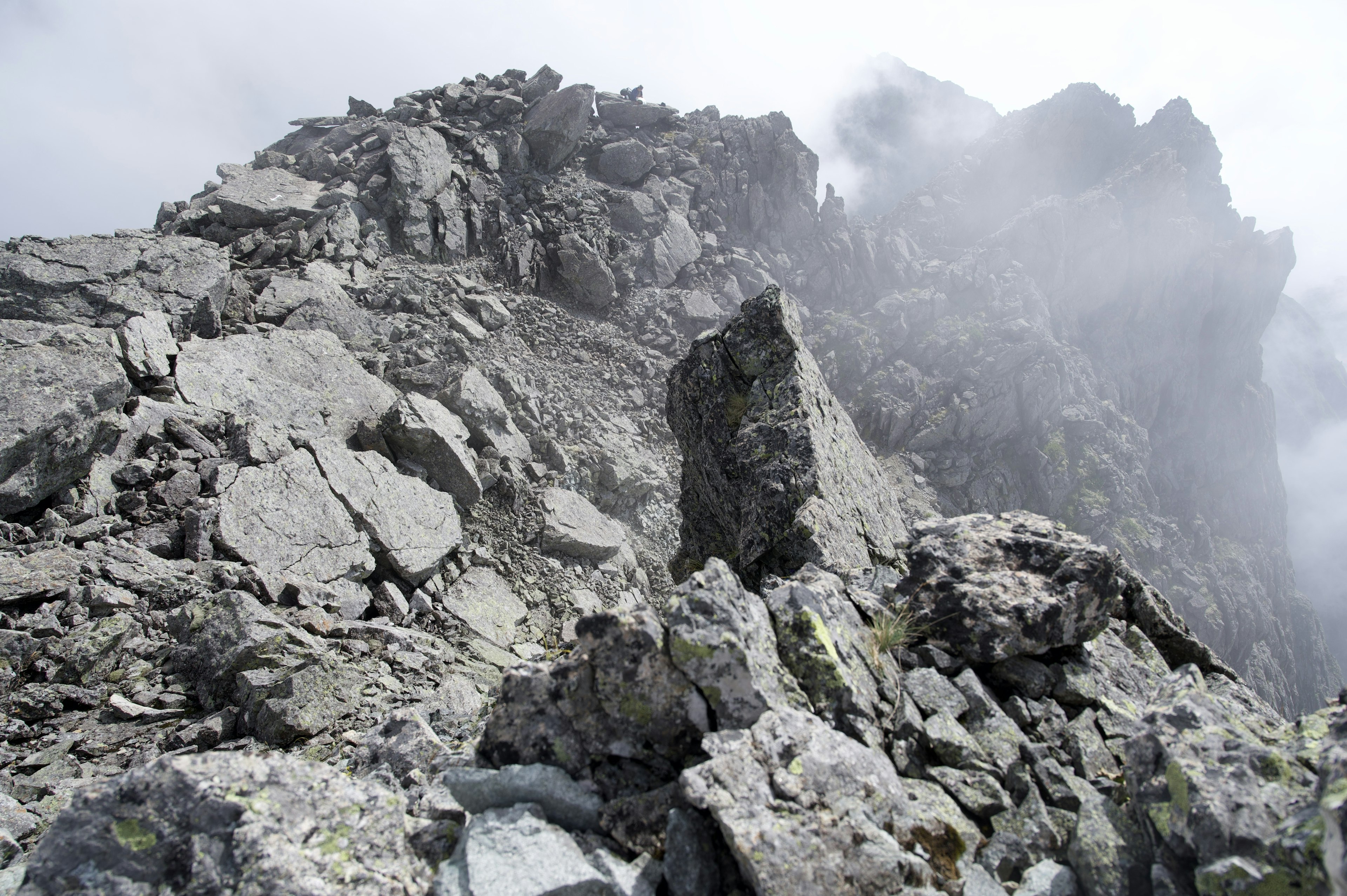 霧に覆われた山の頂上に向かう岩の風景