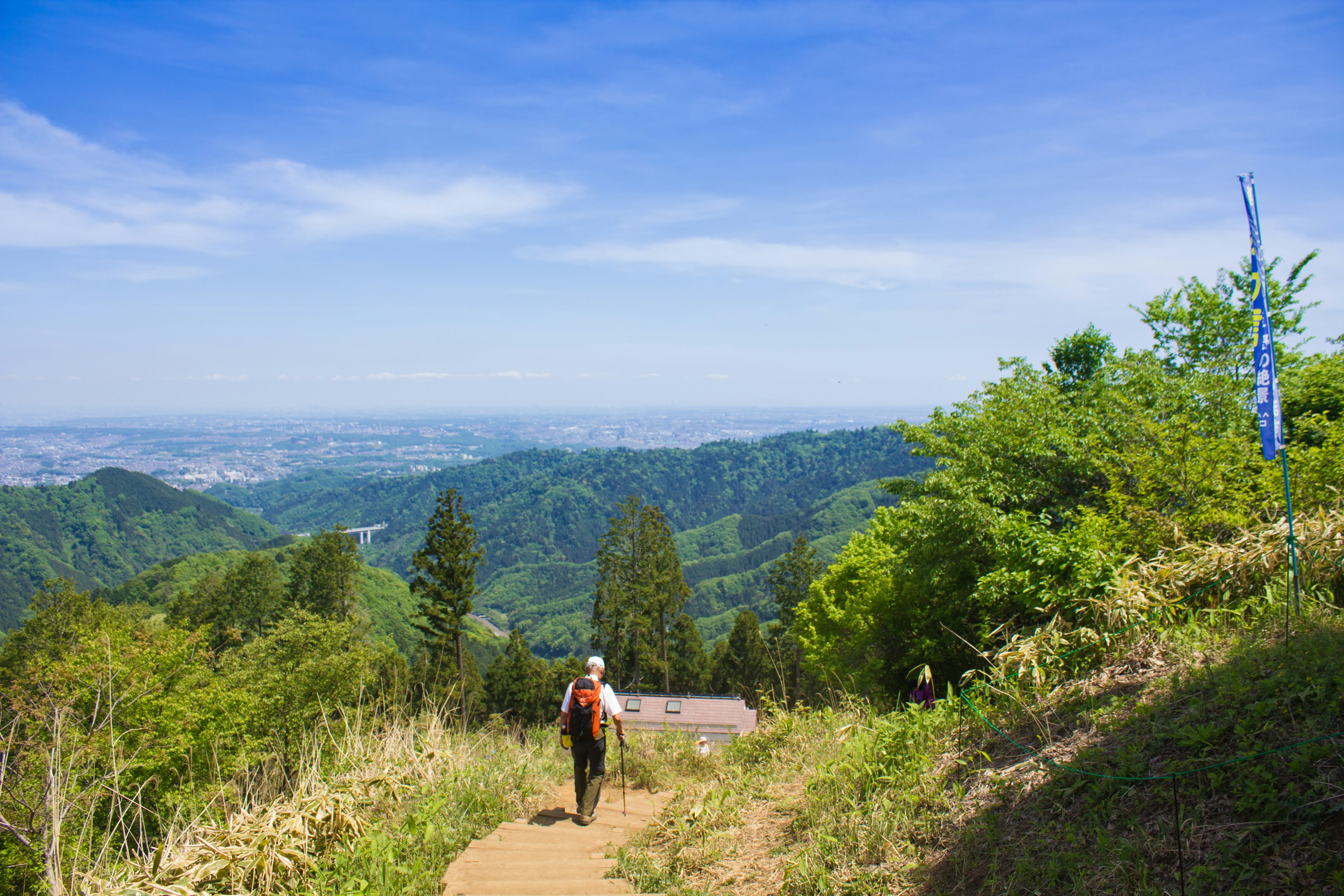 Hiker walking on a trail with lush green mountains and clear blue sky